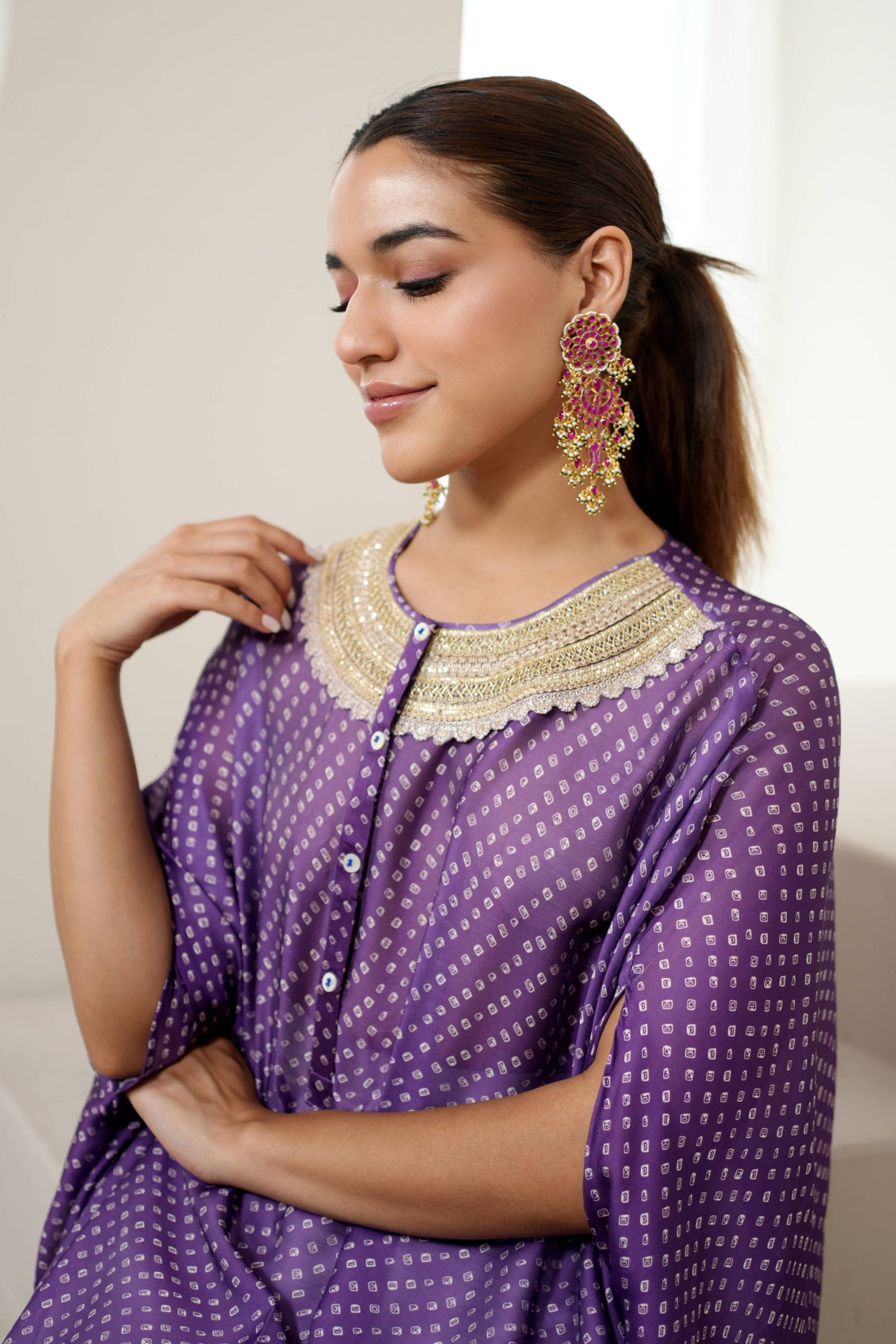 Purple Bandhej Kurta Set