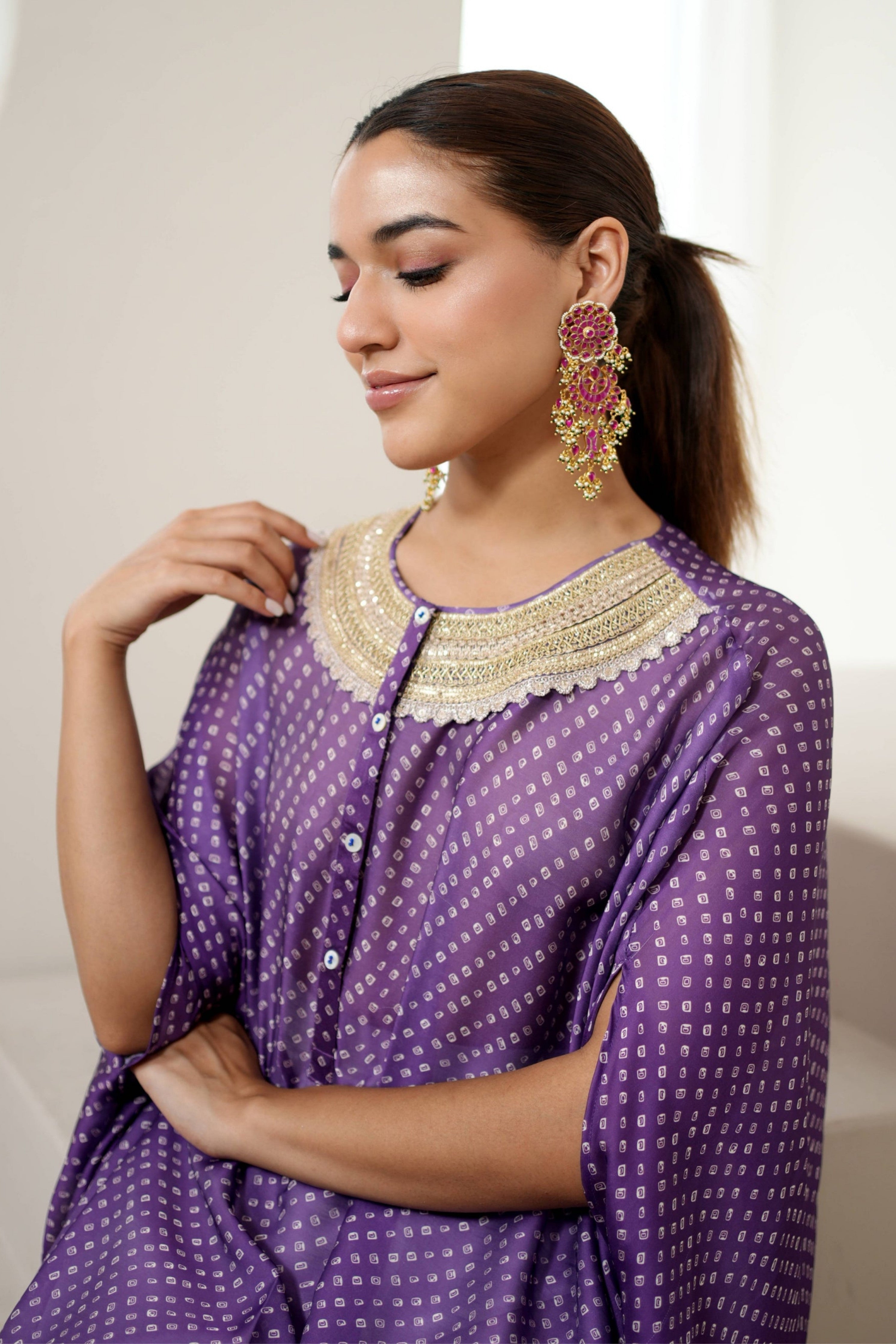 Purple Bandhej Kurta Set