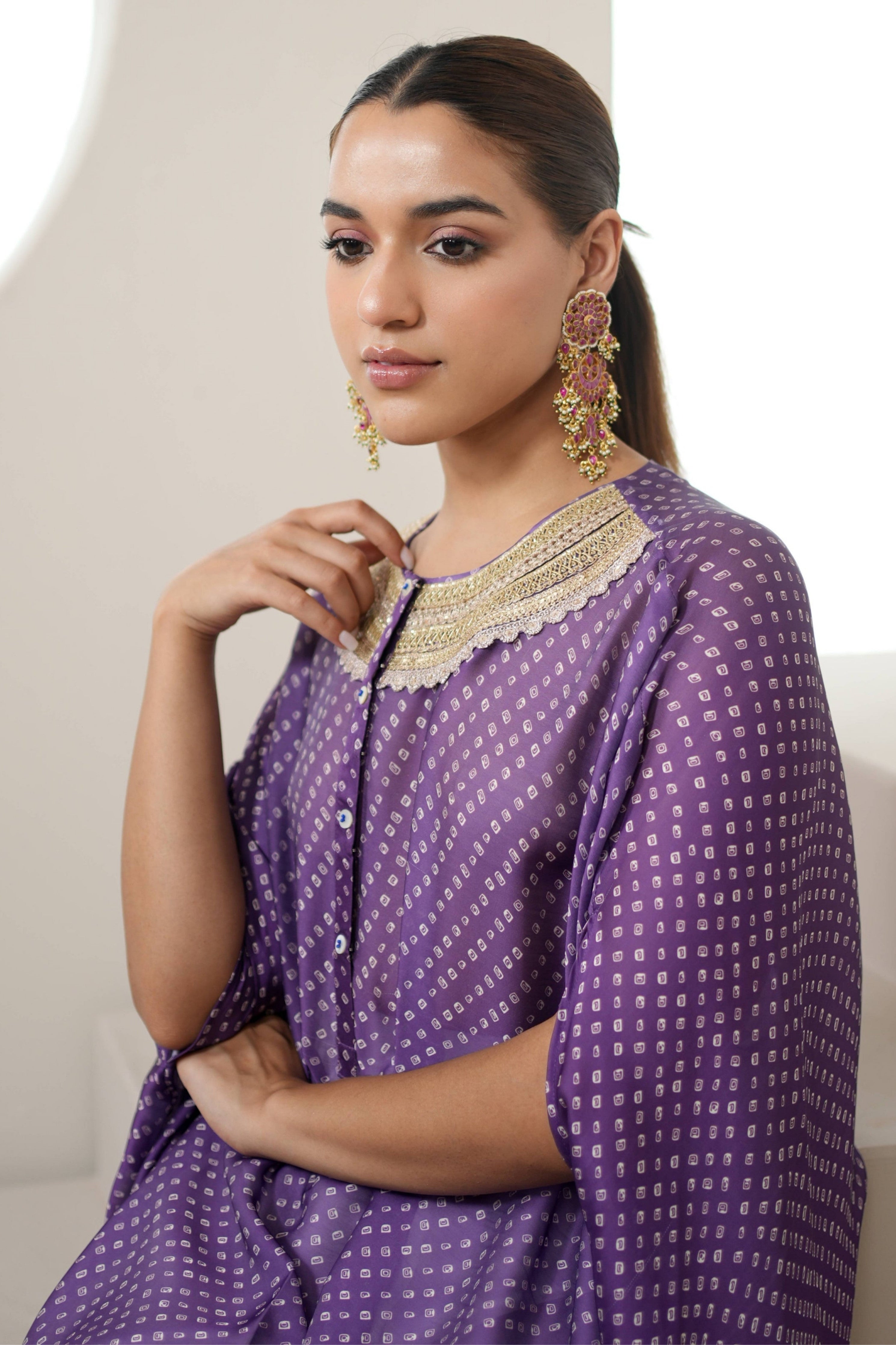 Purple Bandhej Kurta Set