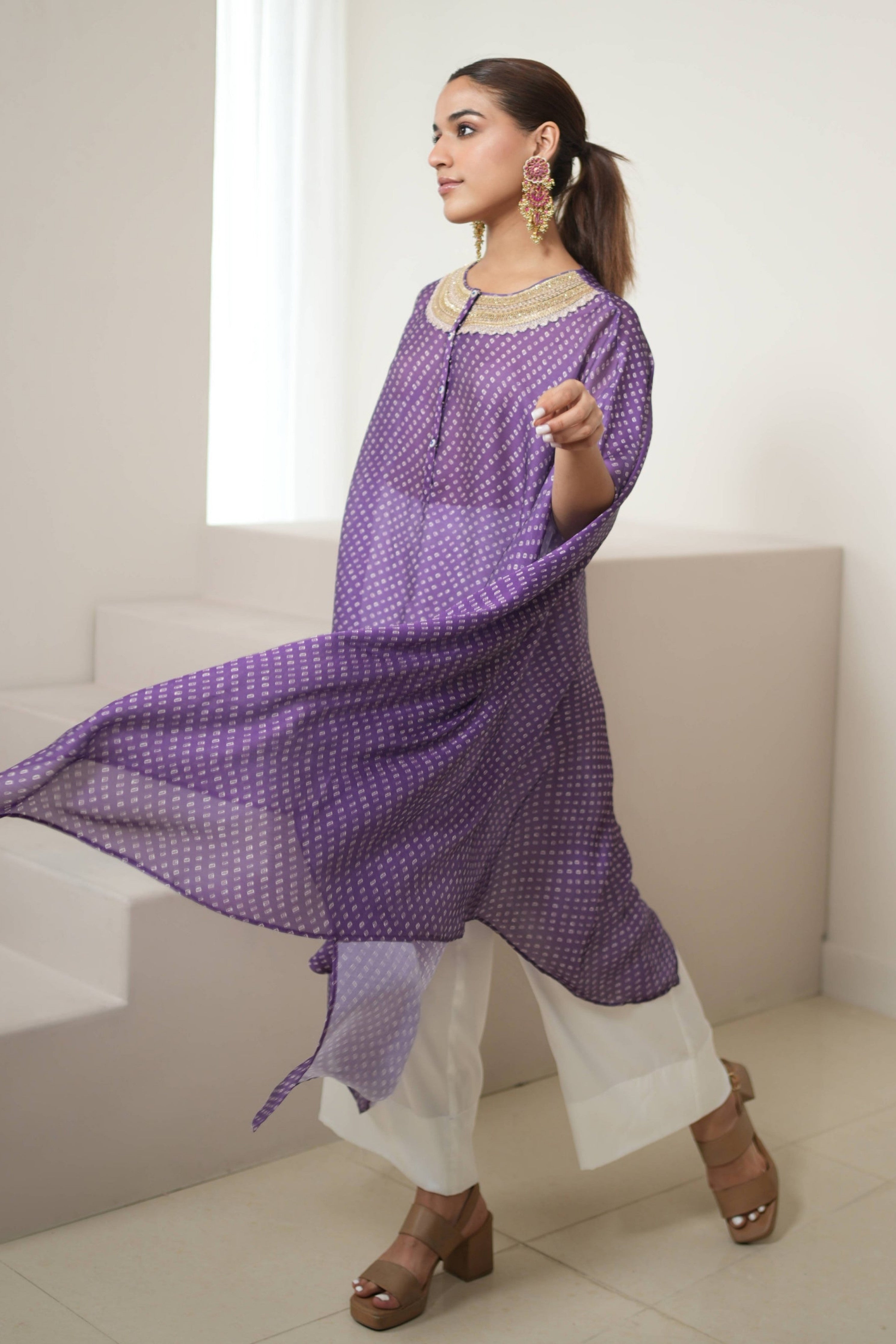 Purple Bandhej Kurta Set