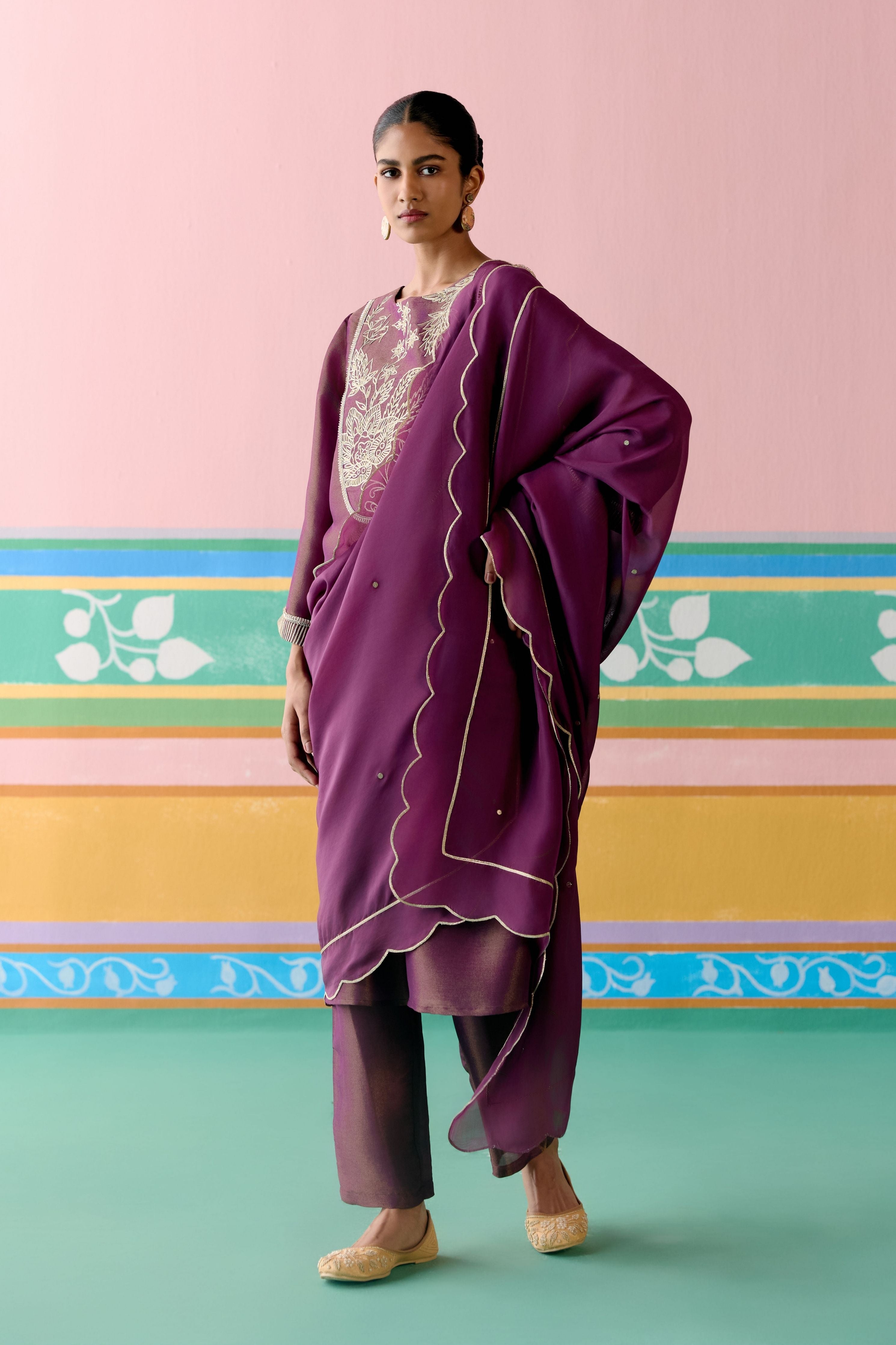 Purple Embroidered Kurta with Dupatta