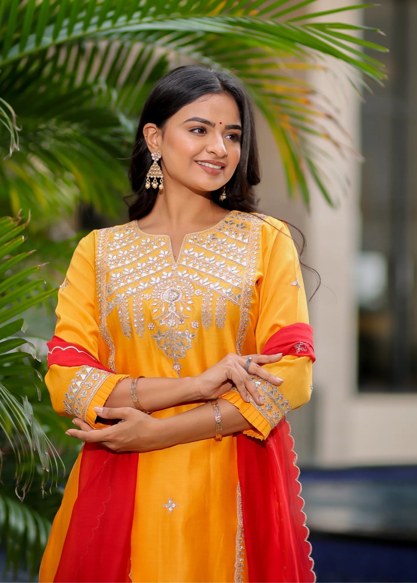 Kesar Kurta Set With Red Dupatta