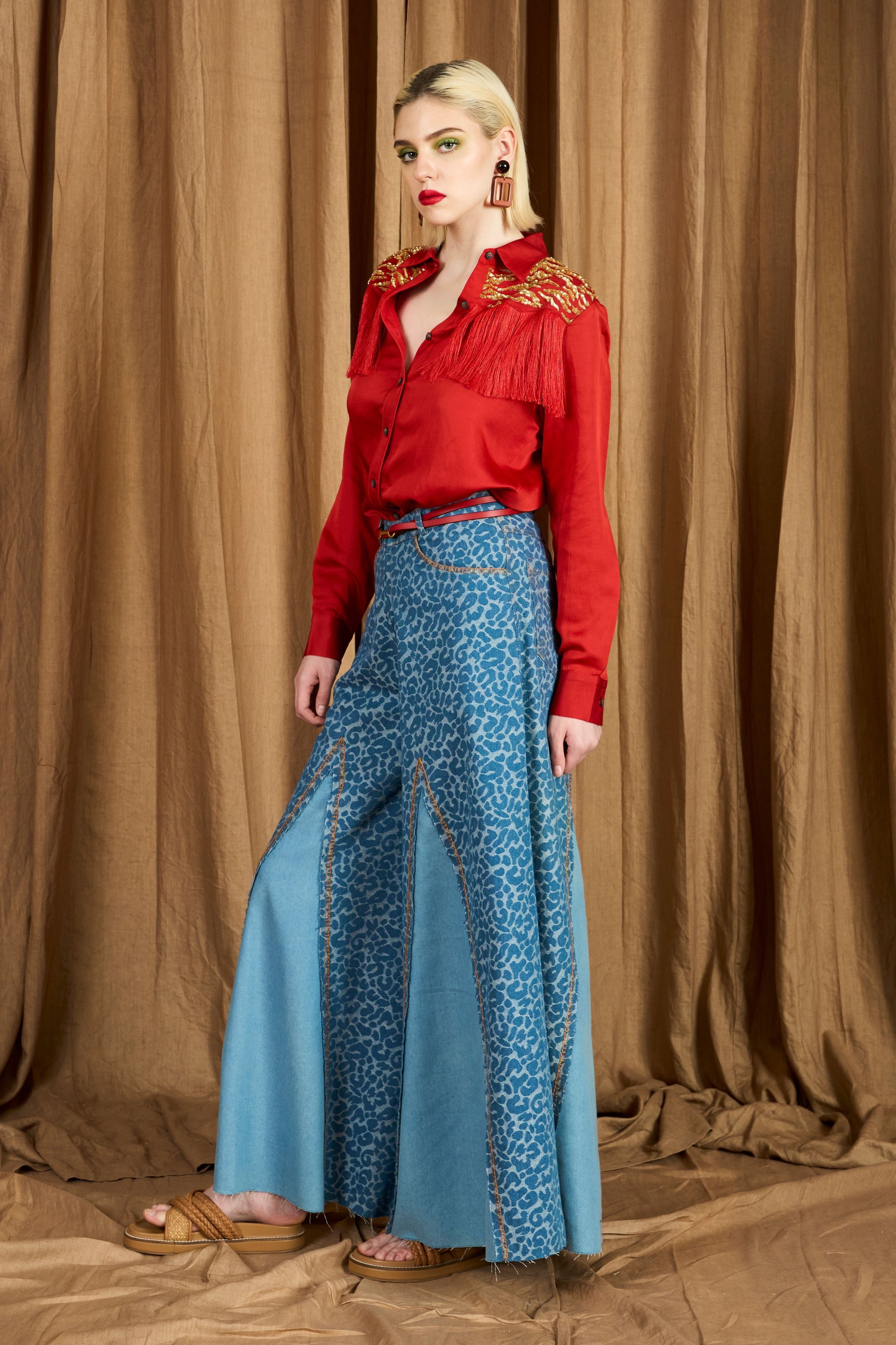 The Flared Leopard Pattern Block Denims