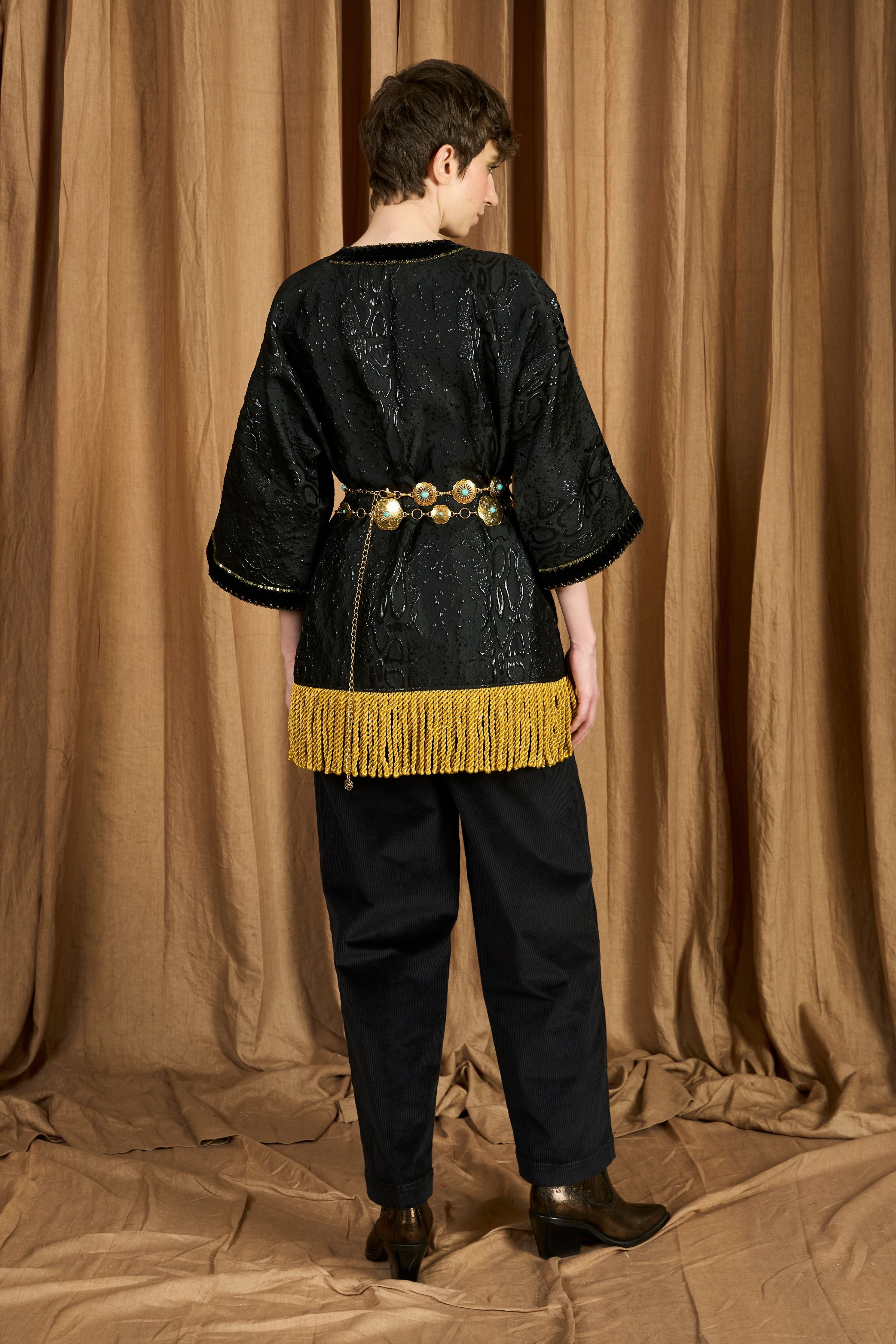 The Jacquard Wrap Kimono With Gold Lace