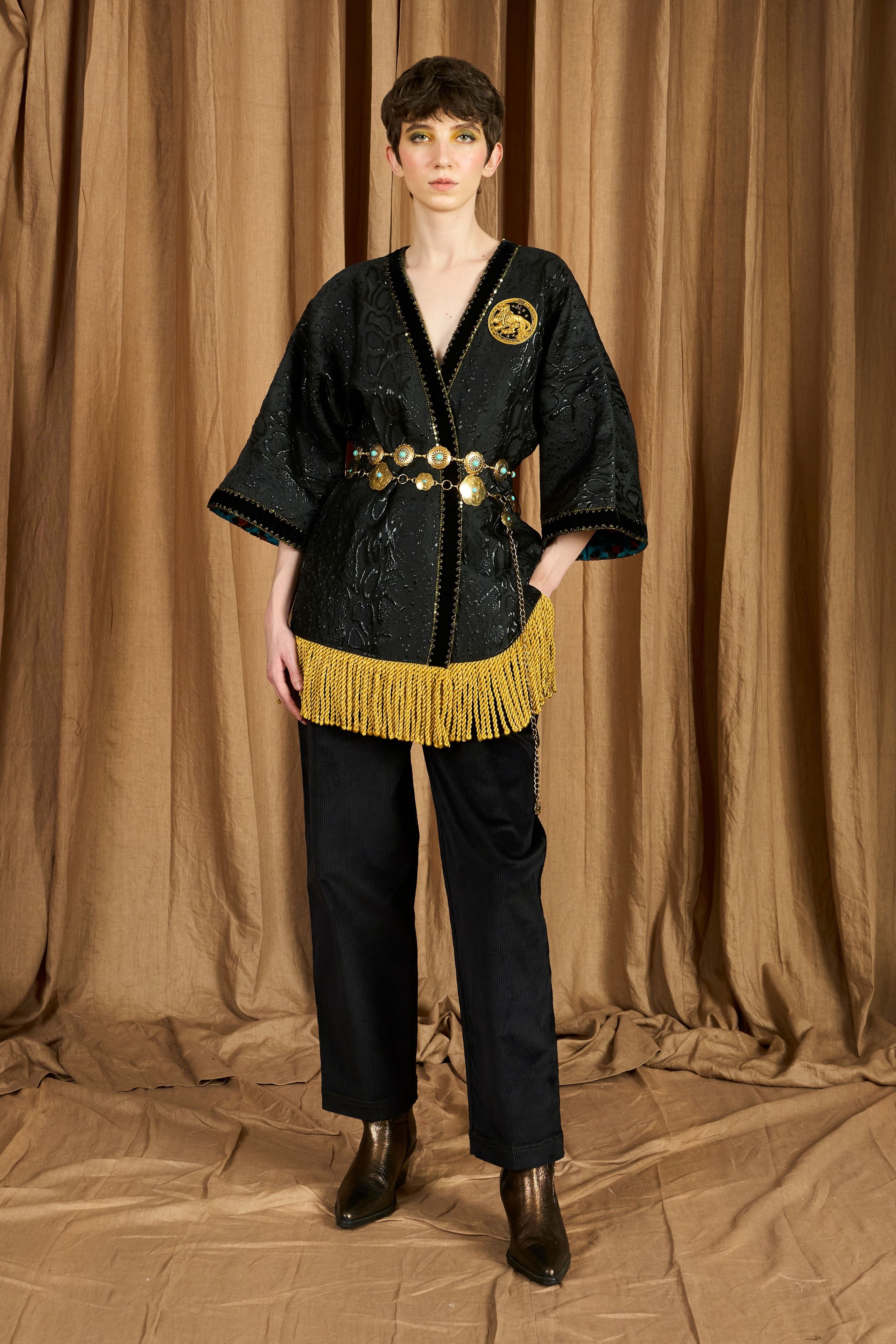The Jacquard Wrap Kimono With Gold Lace