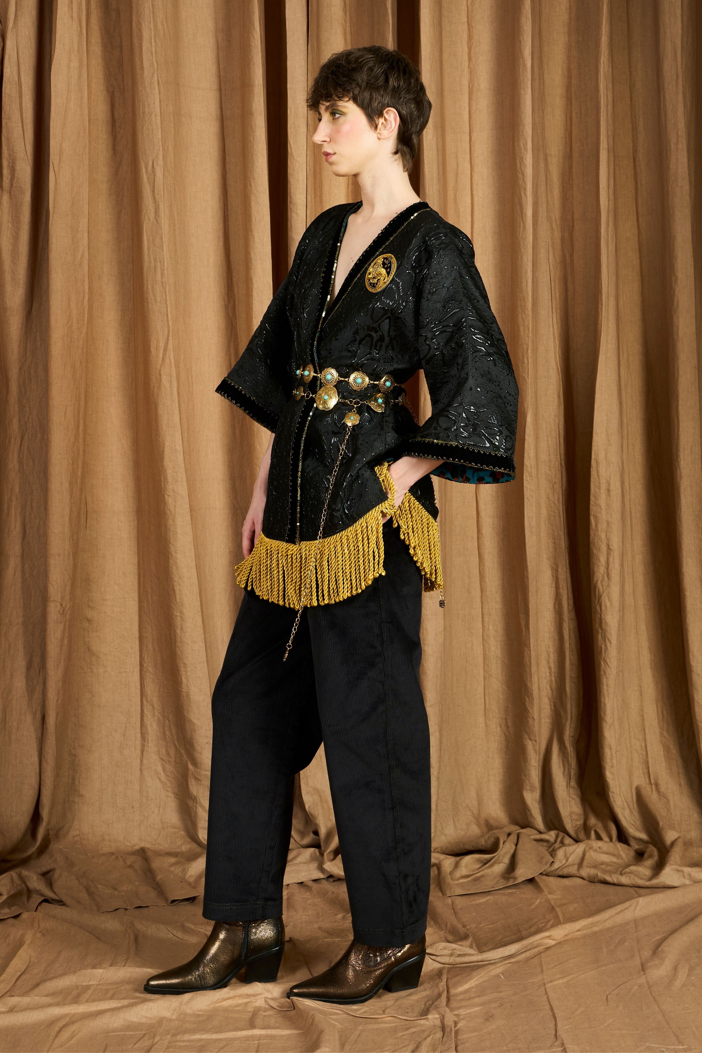 The Jacquard Wrap Kimono With Gold Lace