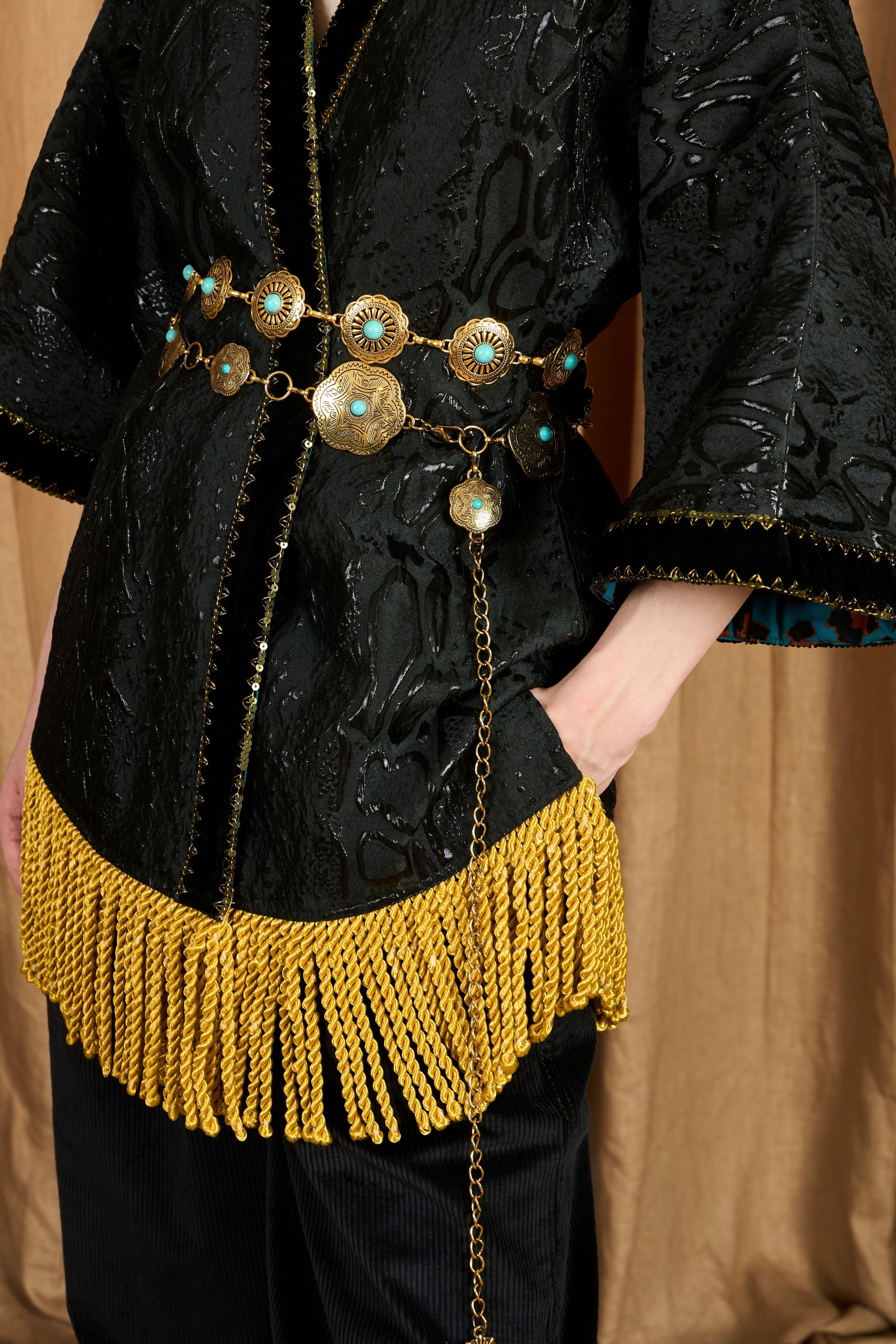 The Jacquard Wrap Kimono With Gold Lace
