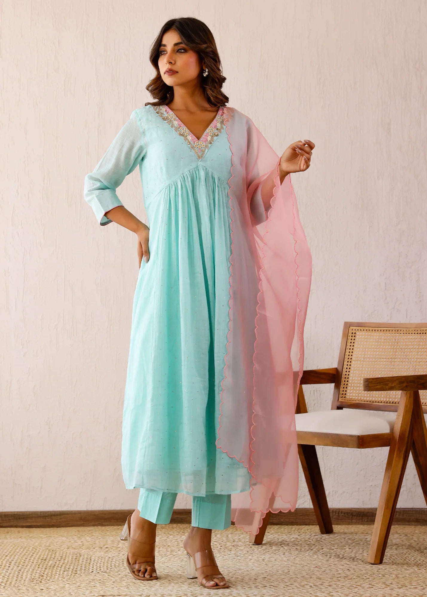 Ice Blue Mukaish Kurta Set