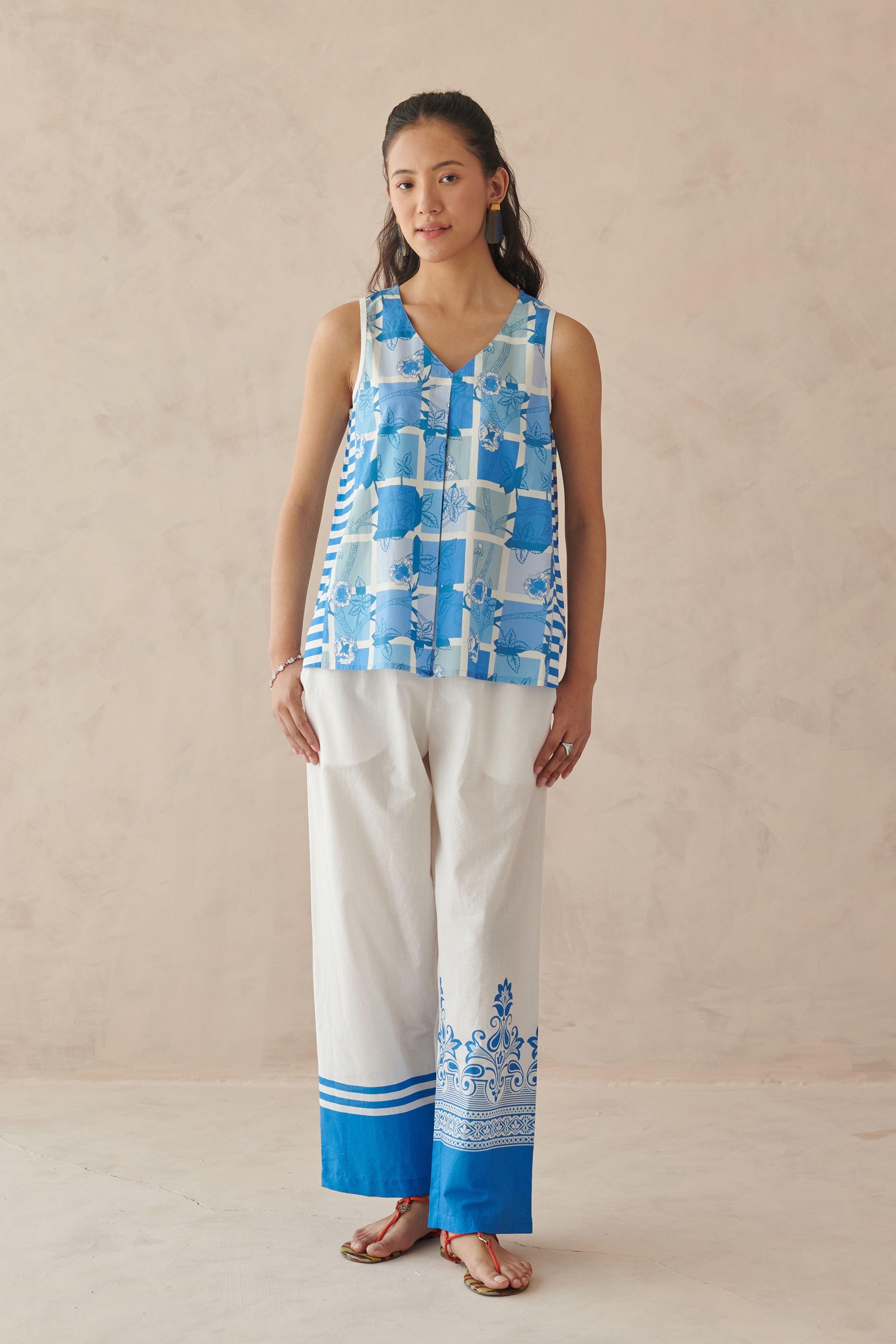 Vaya Blue White Mosaic Floral Top