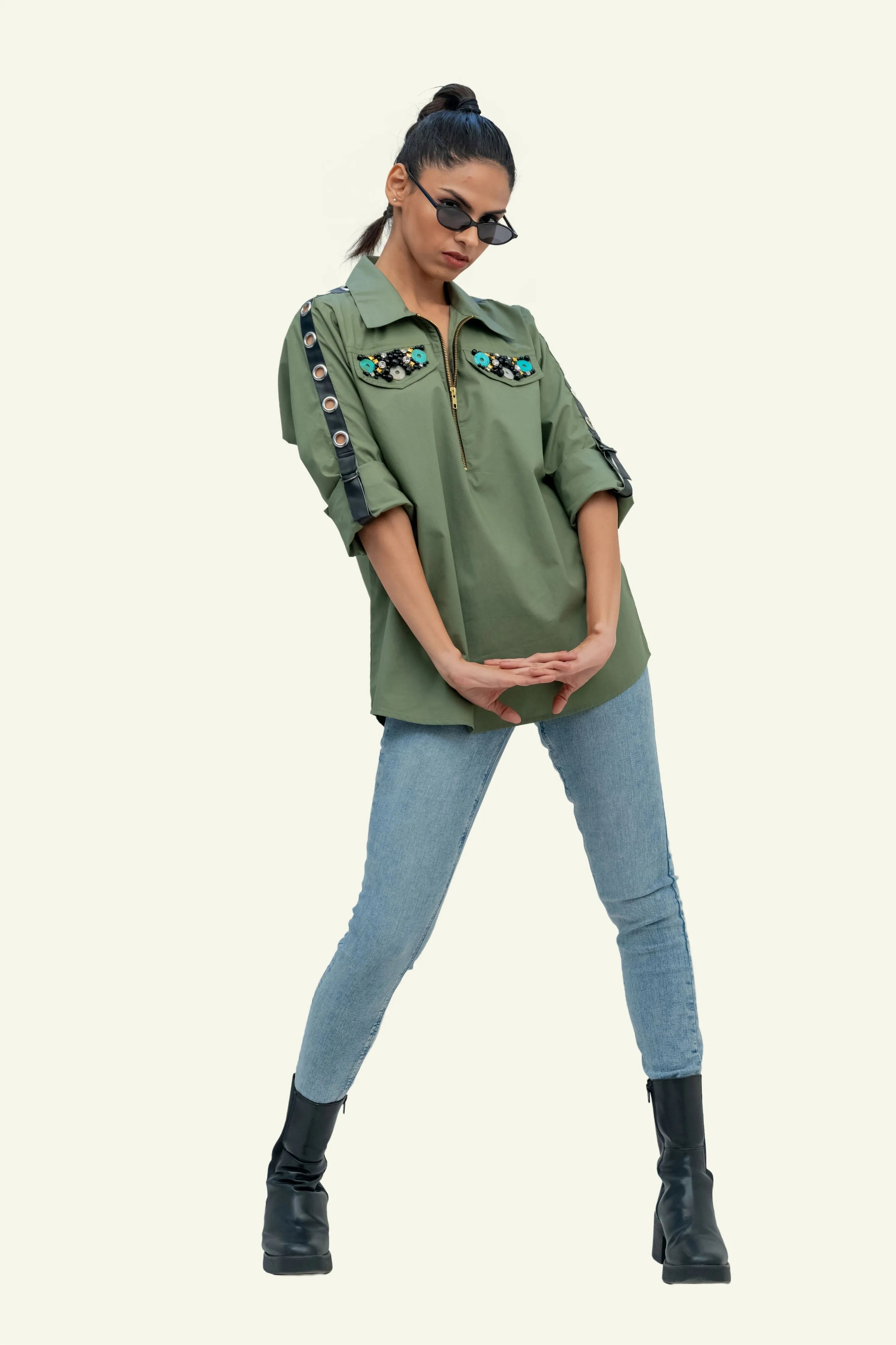 Olive Cotton Shirt with Embroidery on Pockets