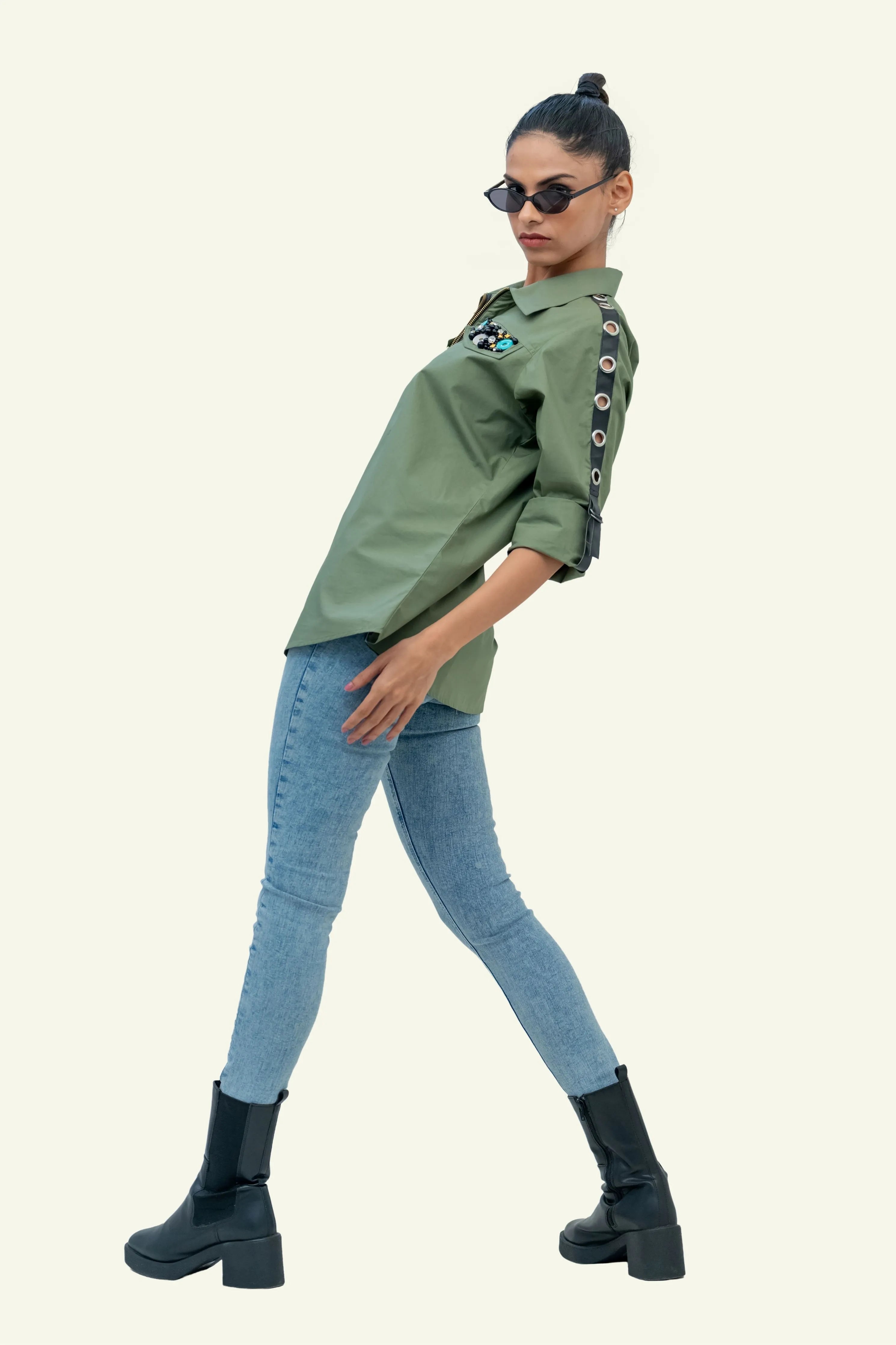 Olive Cotton Shirt with Embroidery on Pockets