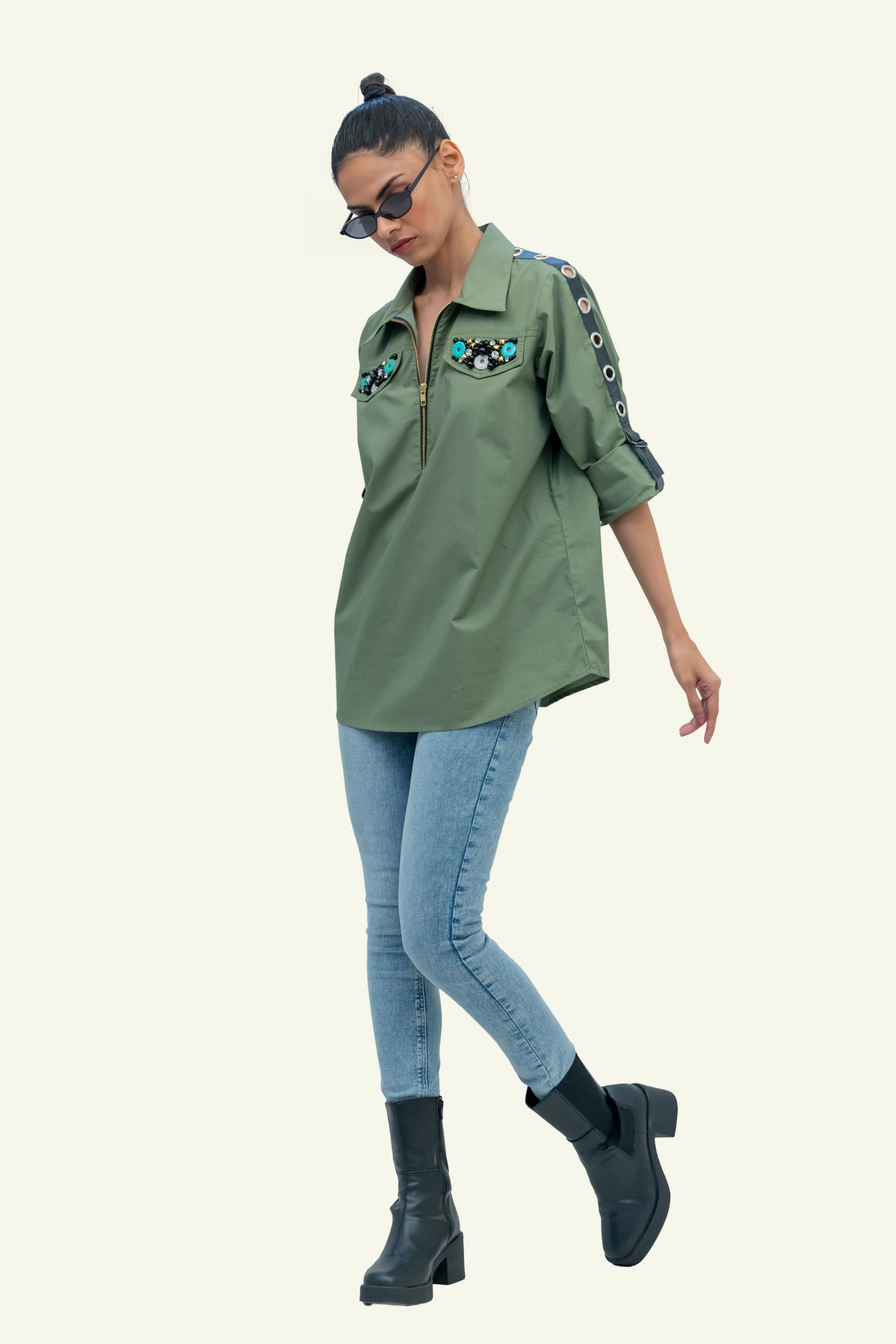 Olive Cotton Shirt with Embroidery on Pockets