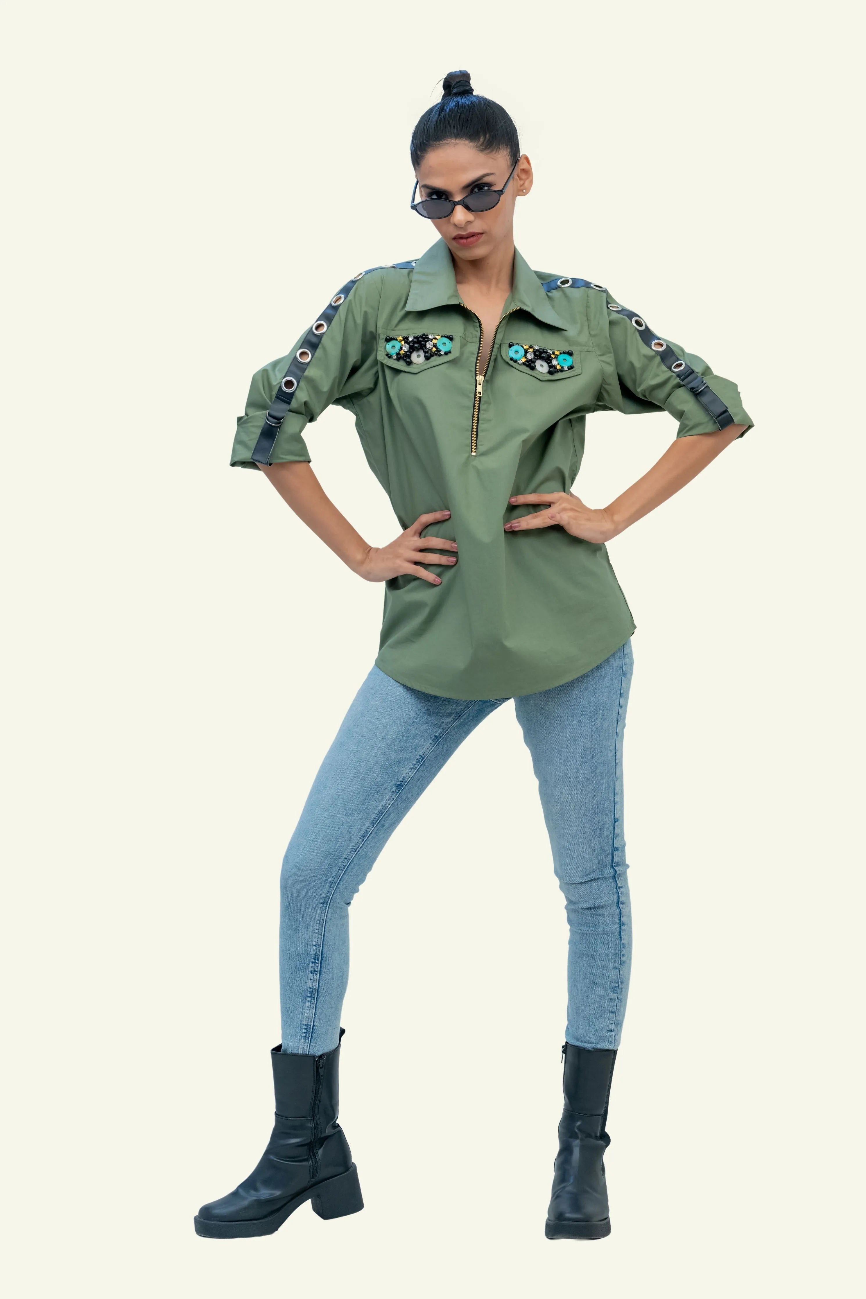 Olive Cotton Shirt with Embroidery on Pockets