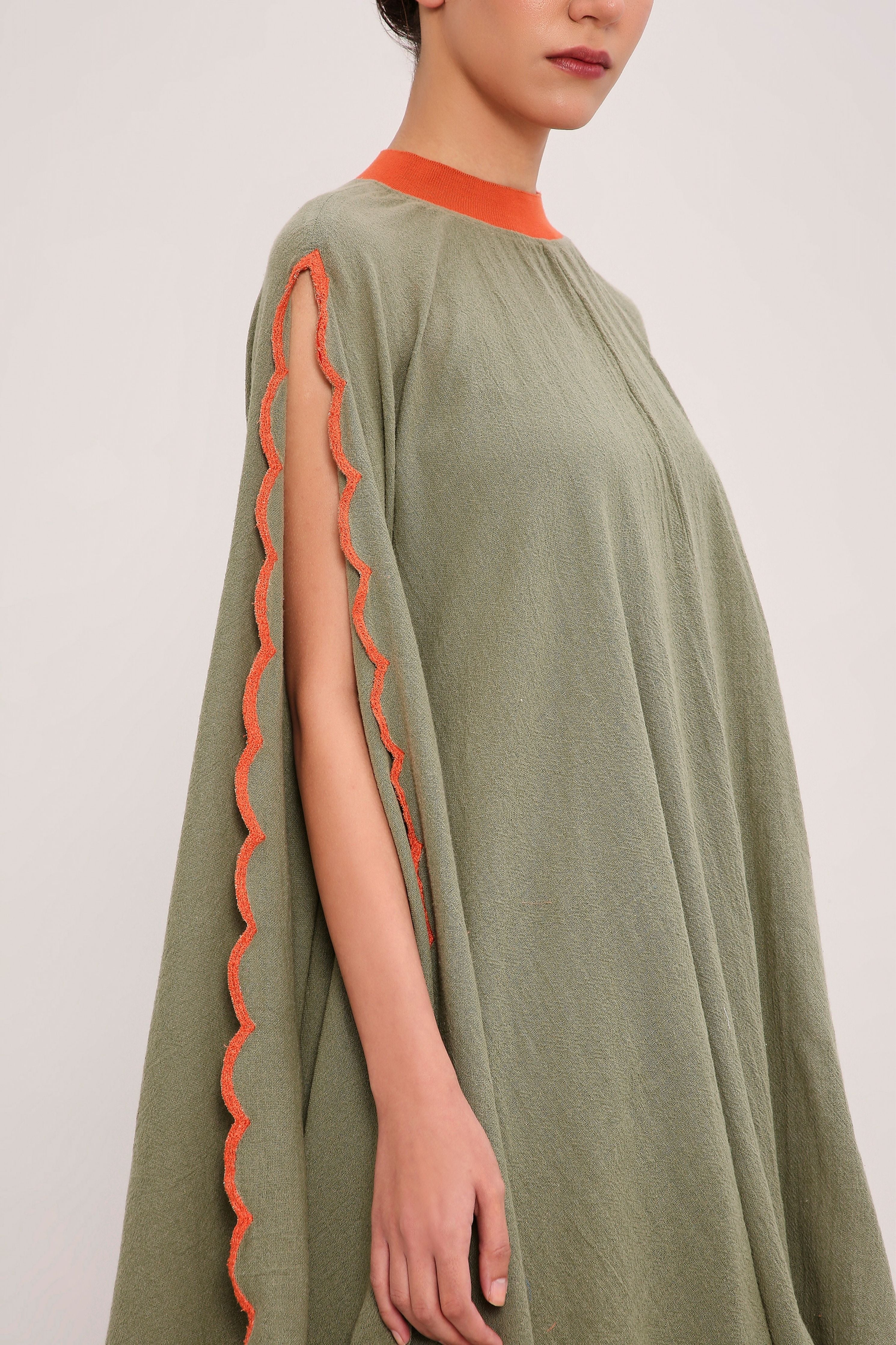Green Ribbed Scallop Cowl Dress