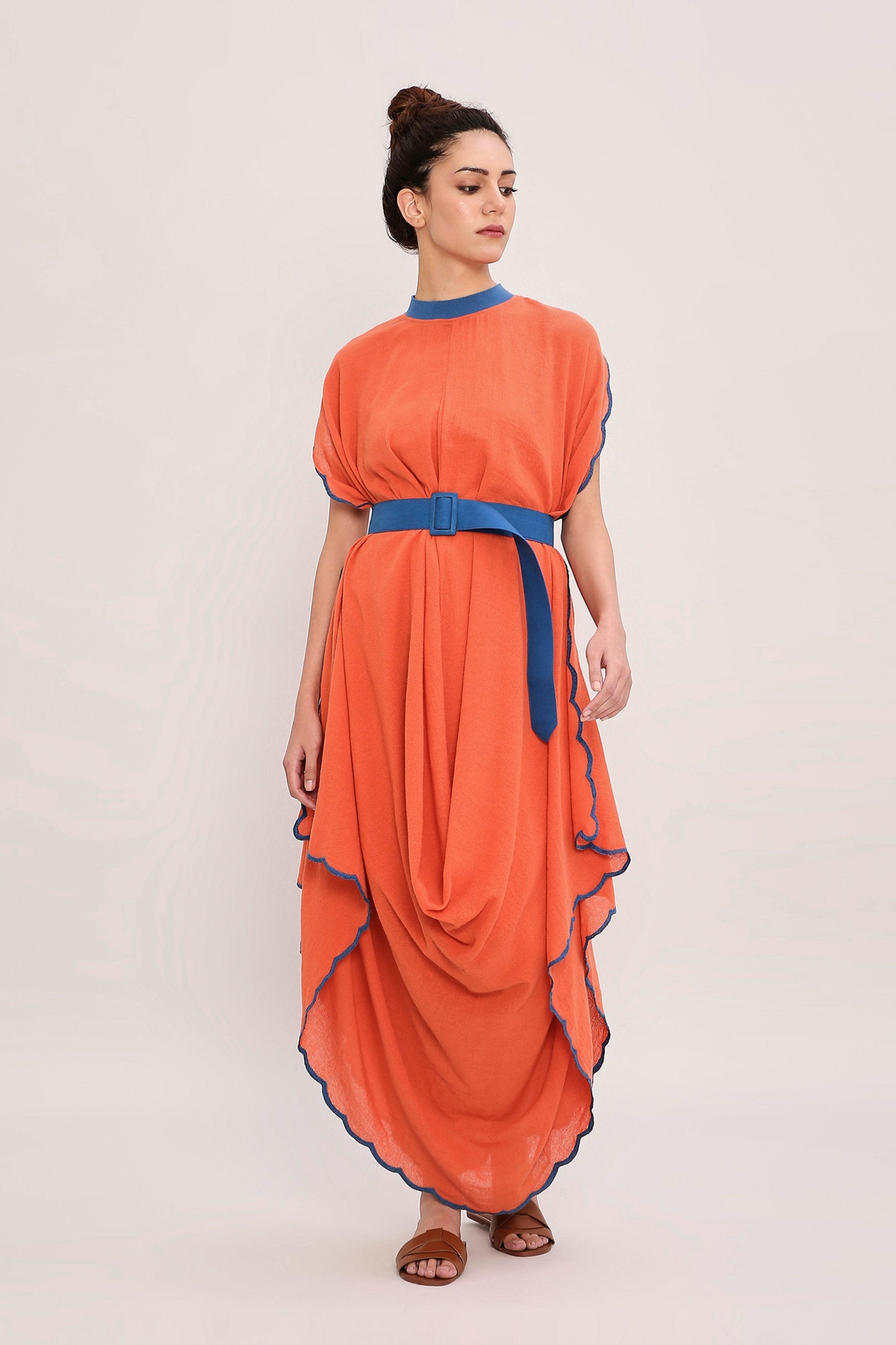 Rust Ribbed Scallop Cowl Dress
