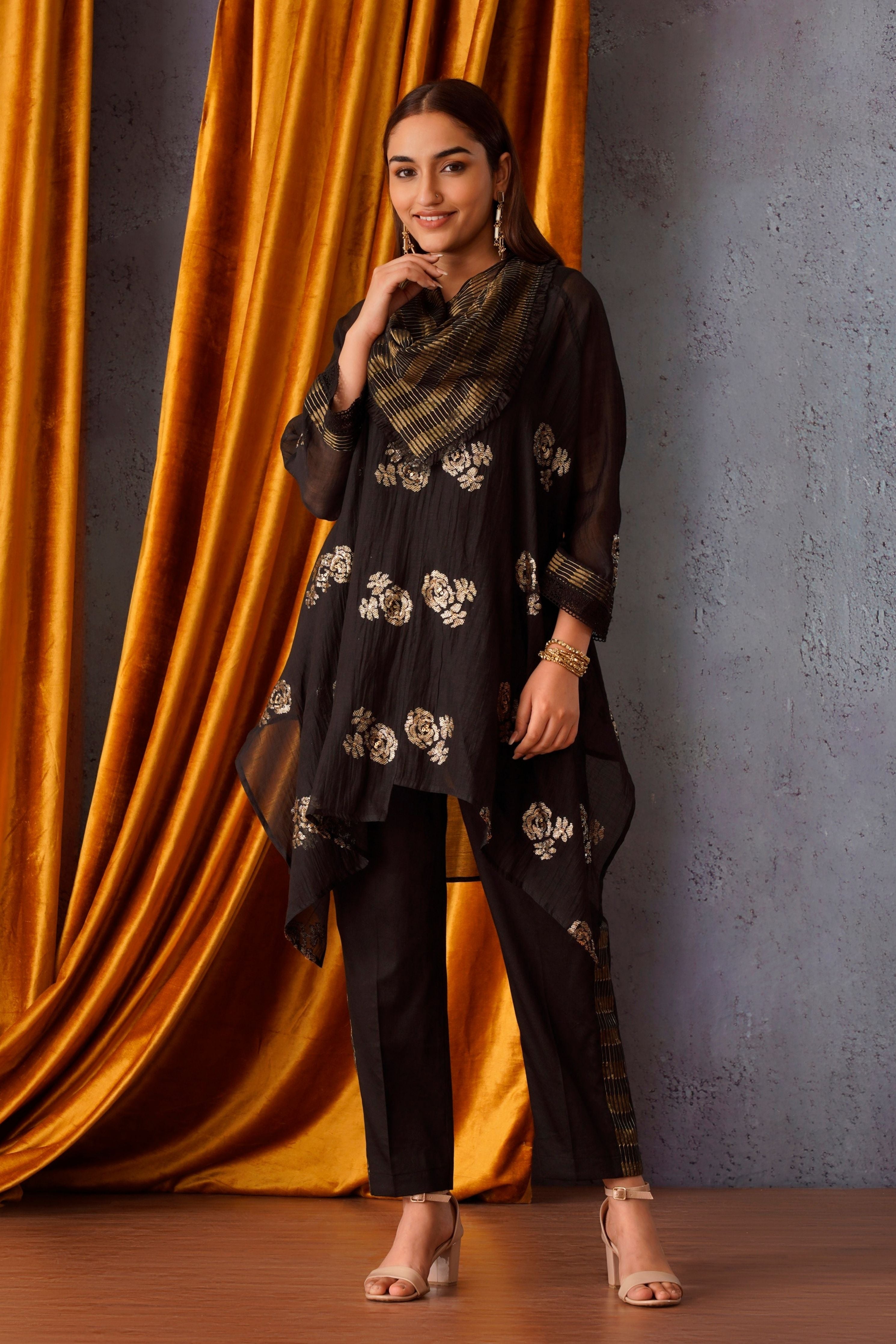 Black sequin embroidered asymmetric tunic
