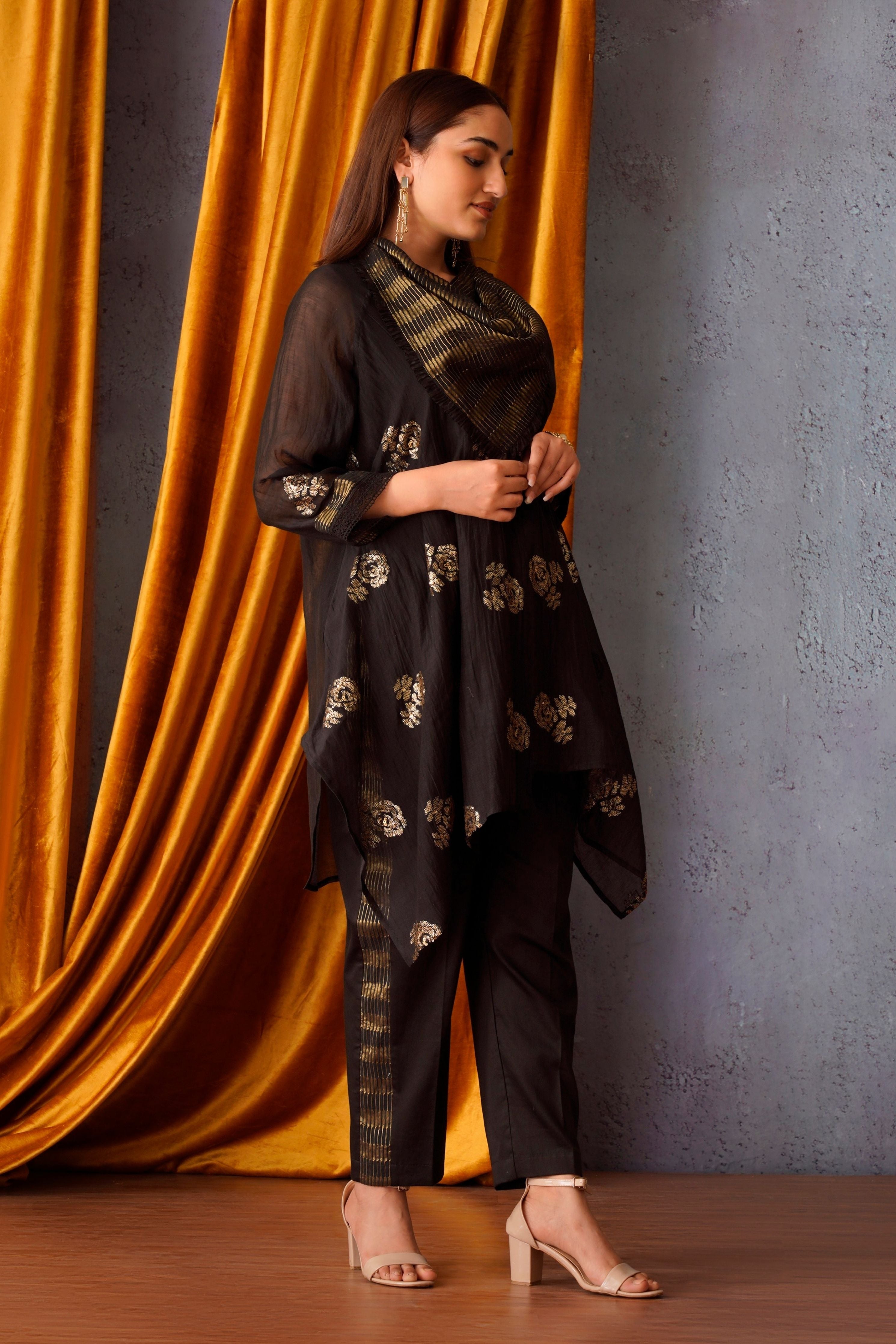 Black sequin embroidered asymmetric tunic