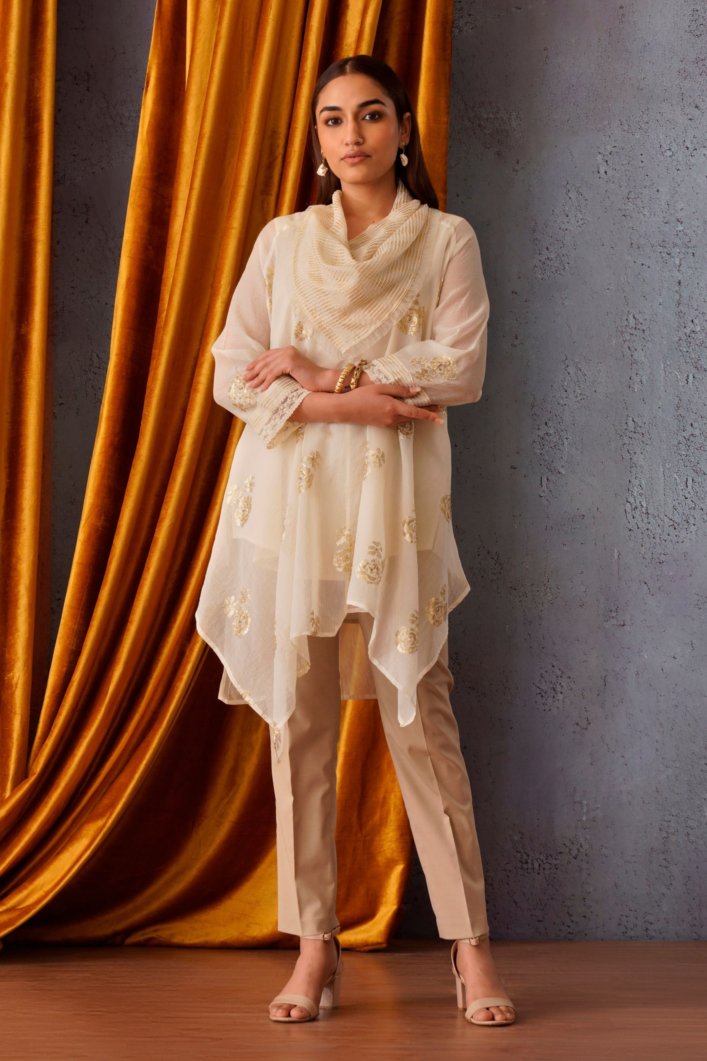 Off-White Sequin Embroidered Asymmetric Tunic