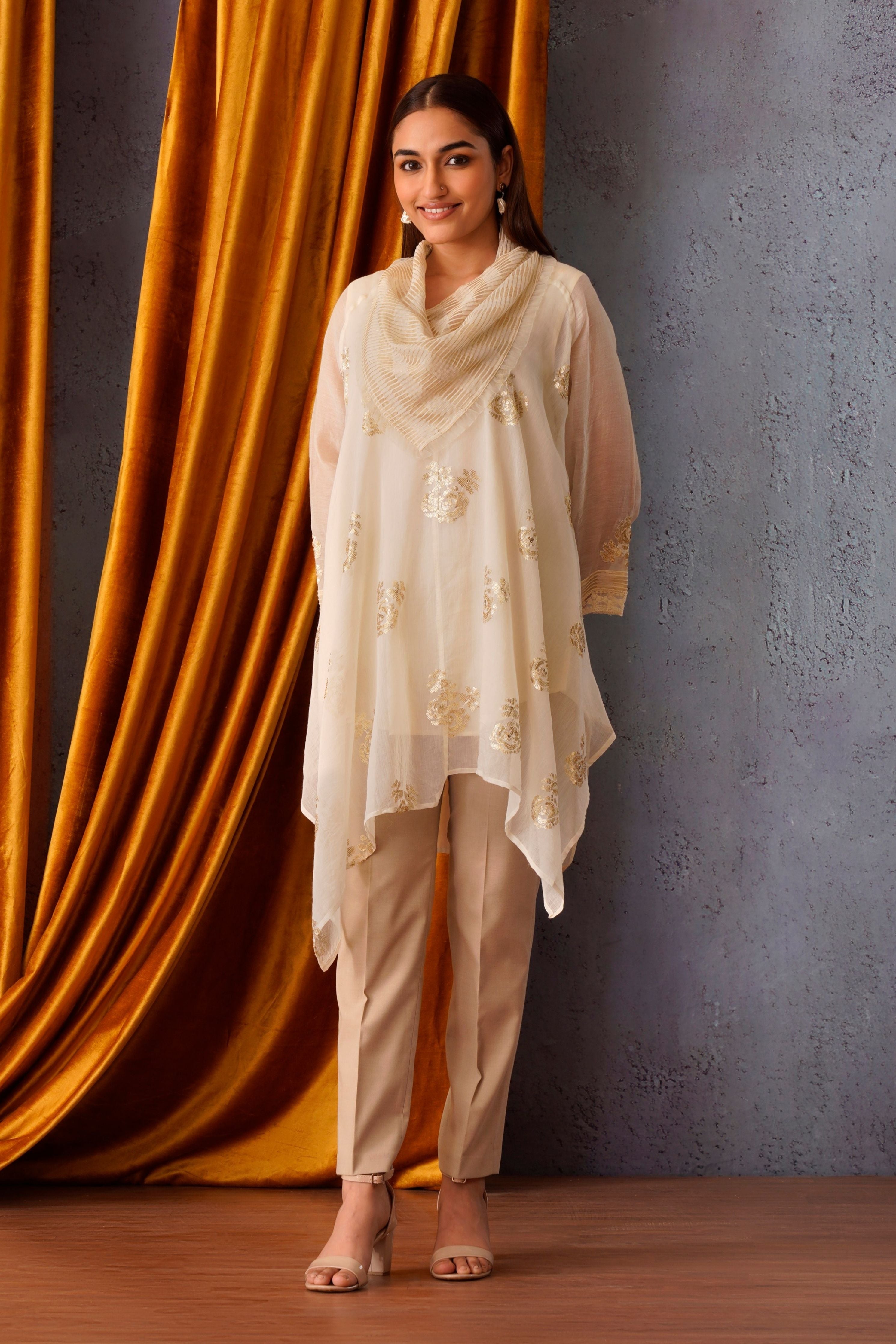 Off-White Sequin Embroidered Asymmetric Tunic