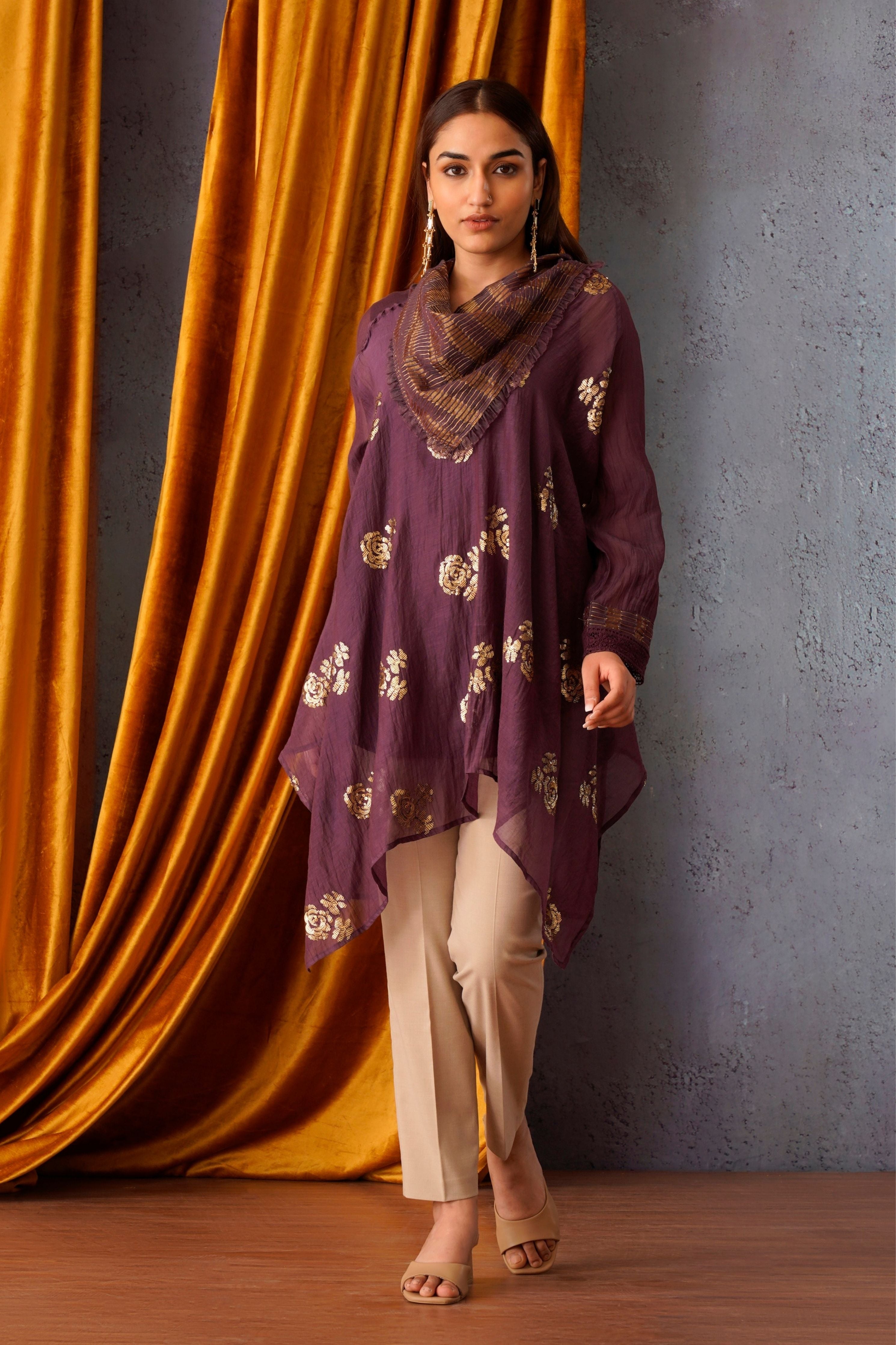 Wine Sequin Embroidered Asymmetric Tunic
