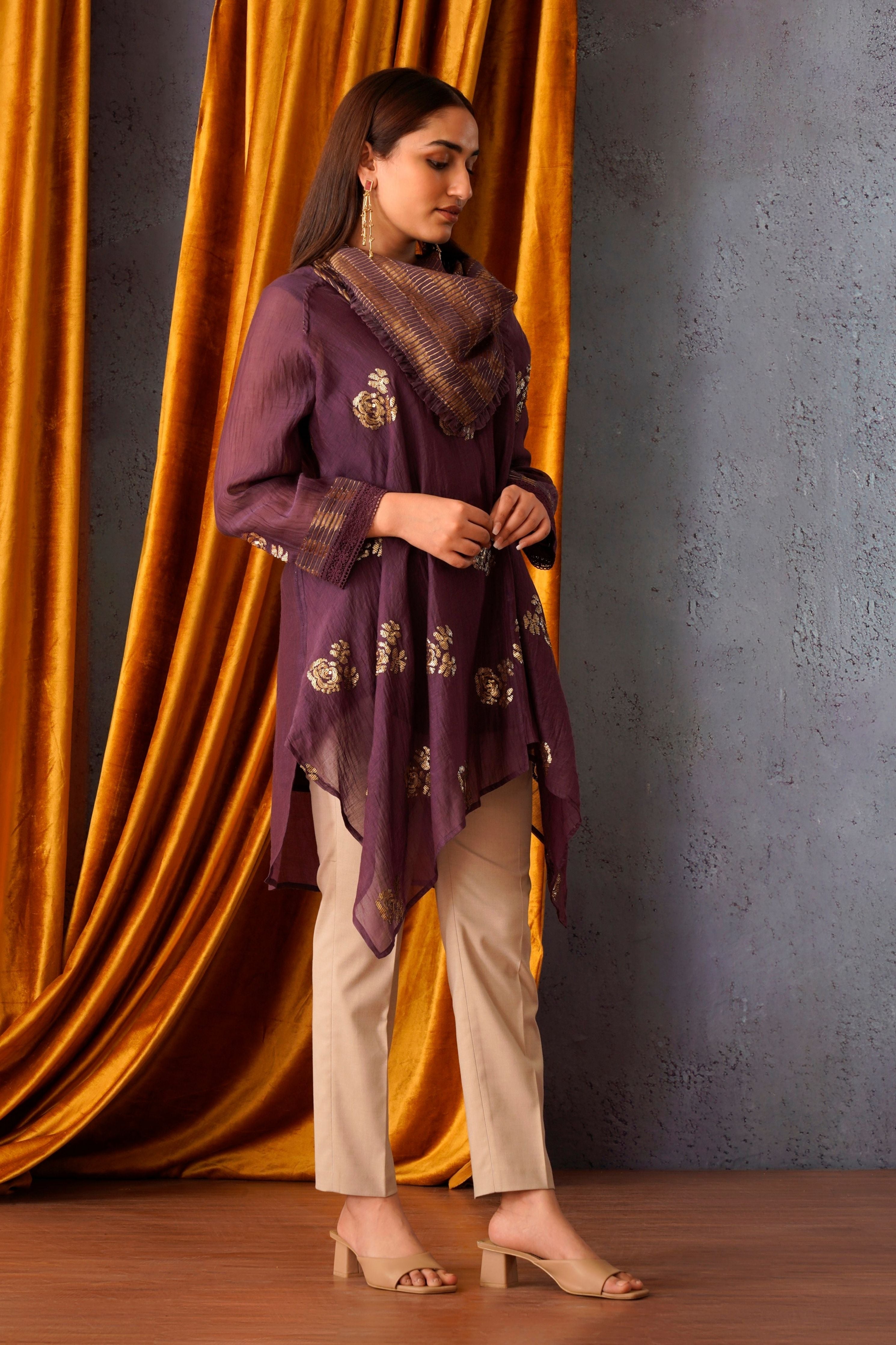 Wine Sequin Embroidered Asymmetric Tunic