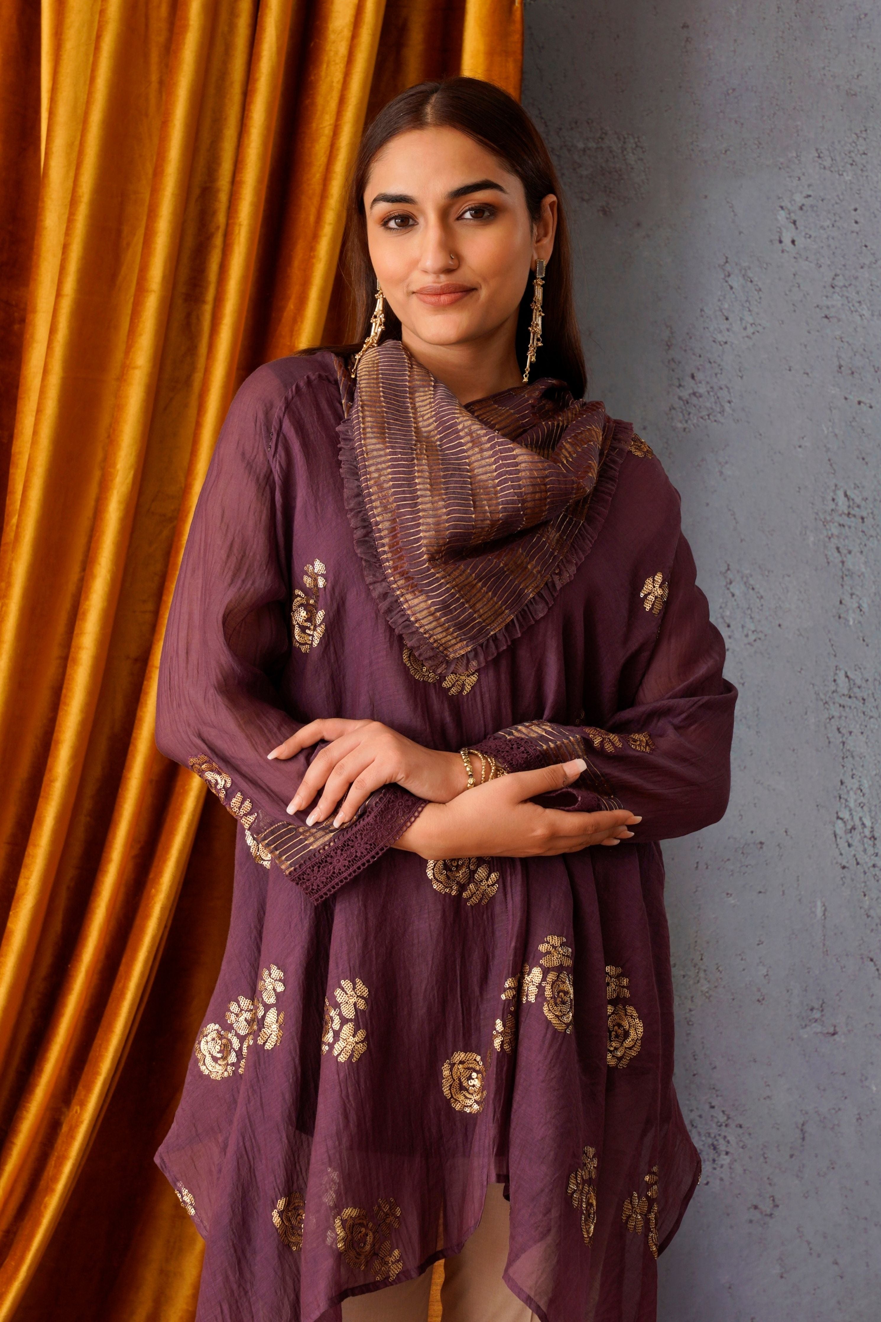 Wine Sequin Embroidered Asymmetric Tunic