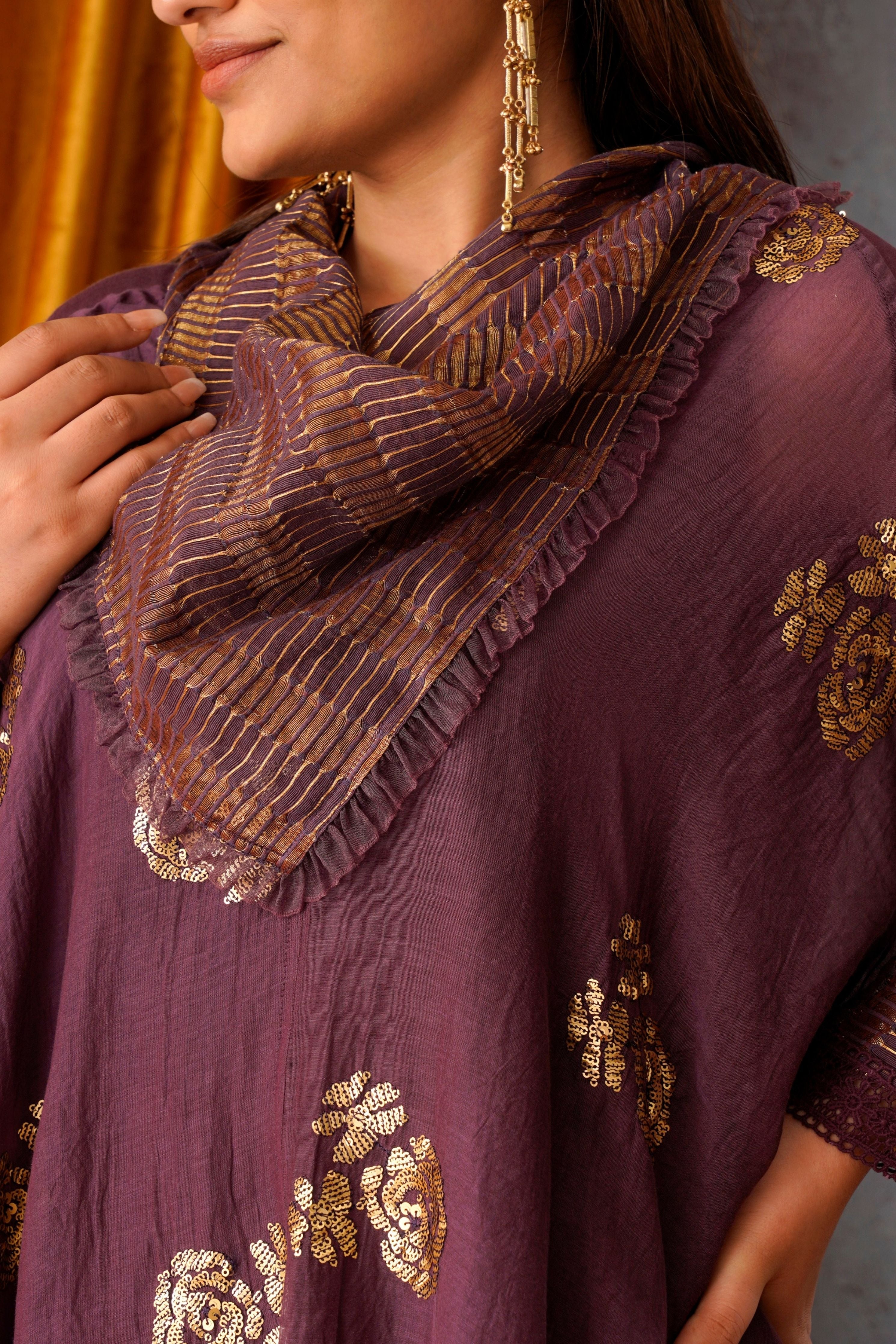 Wine Sequin Embroidered Asymmetric Tunic