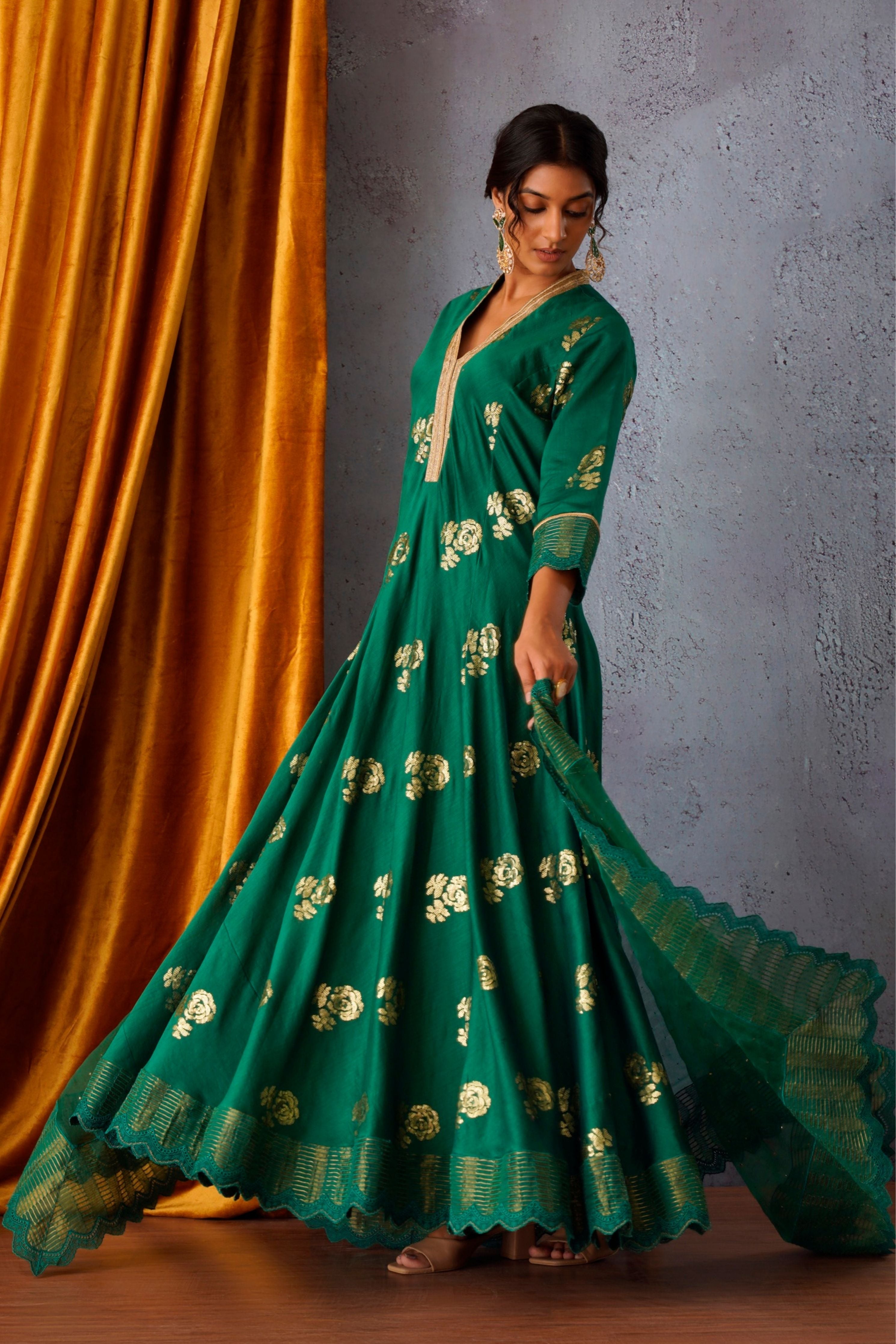 Emerald Green Embroidered Flared Kurta