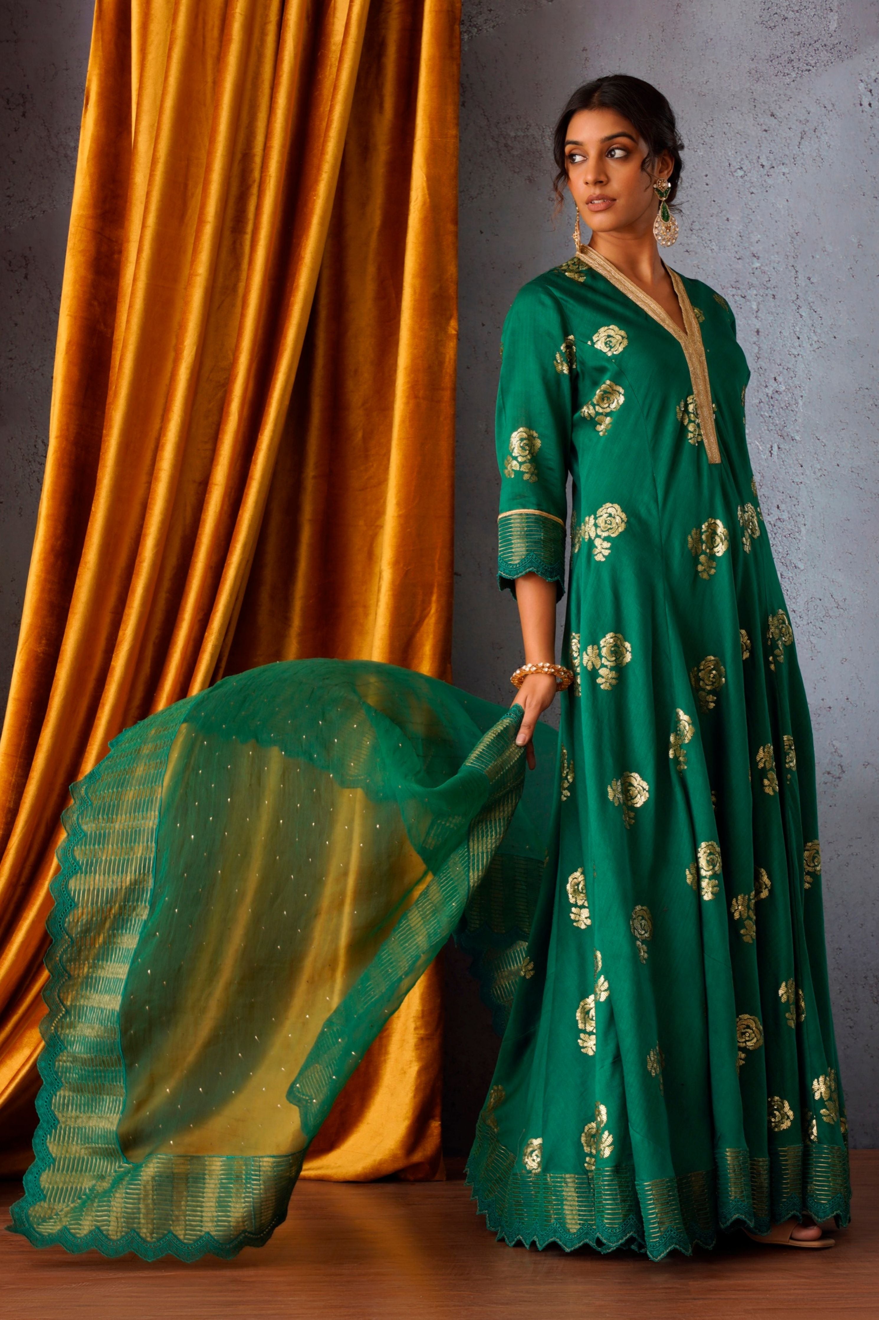 Emerald Green Embroidered Flared Kurta