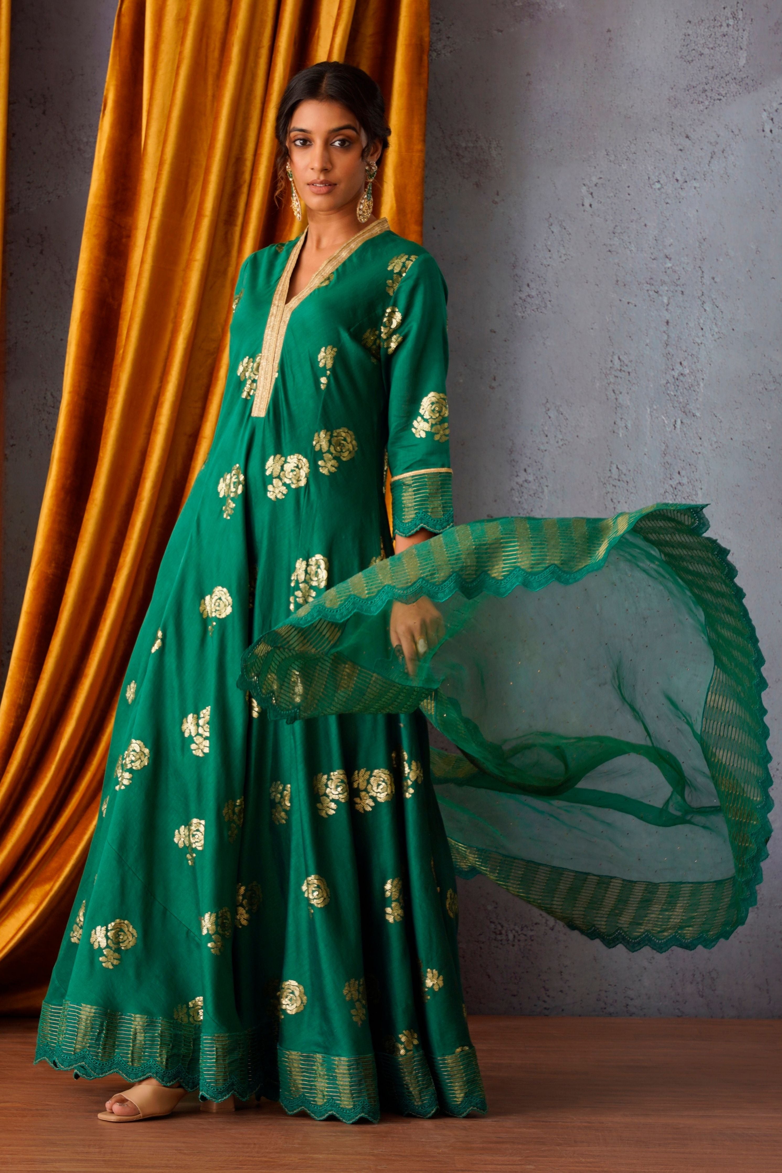 Emerald Green Embroidered Flared Kurta
