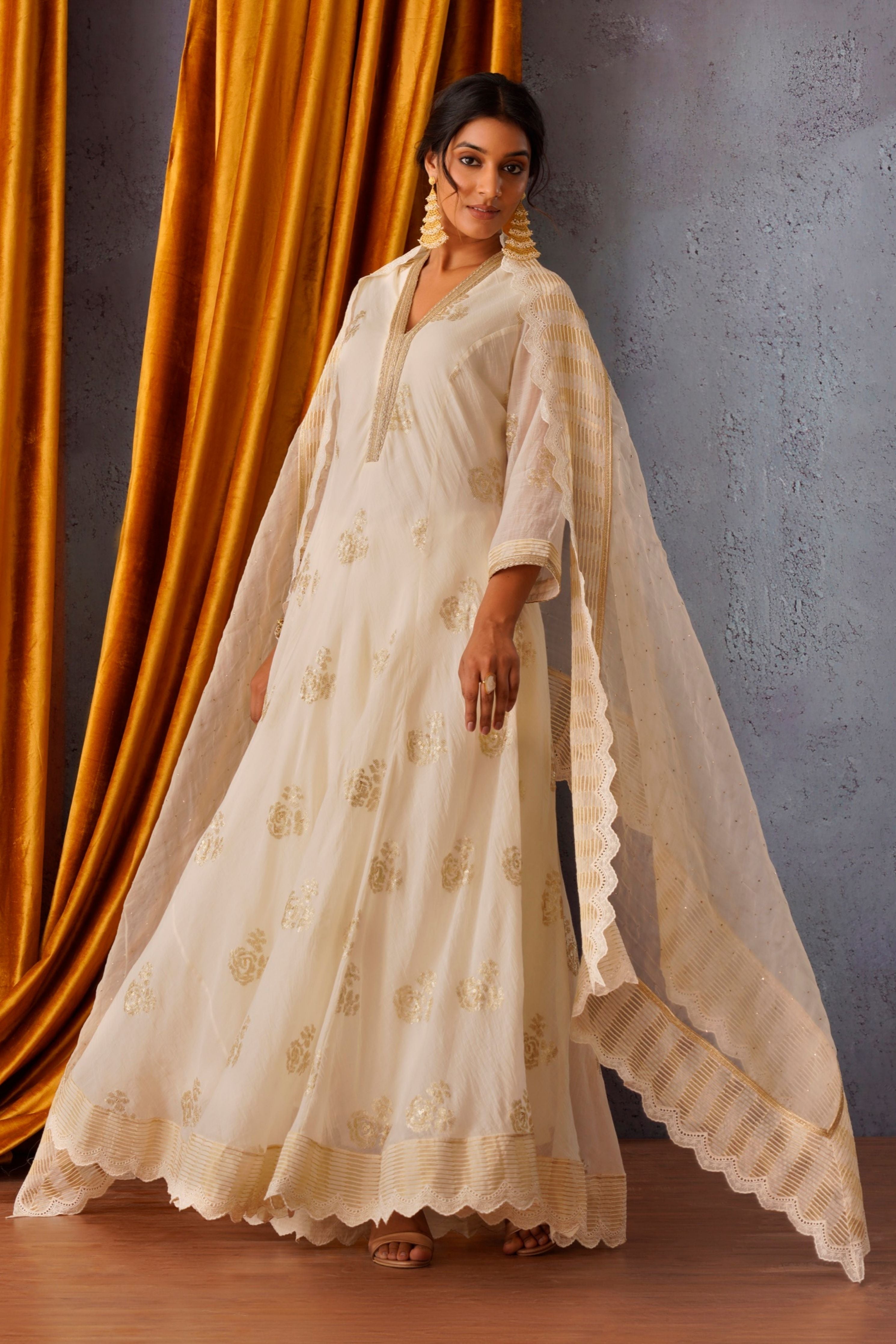 Off White Sequin Embroidered Flared Panelled Kurta