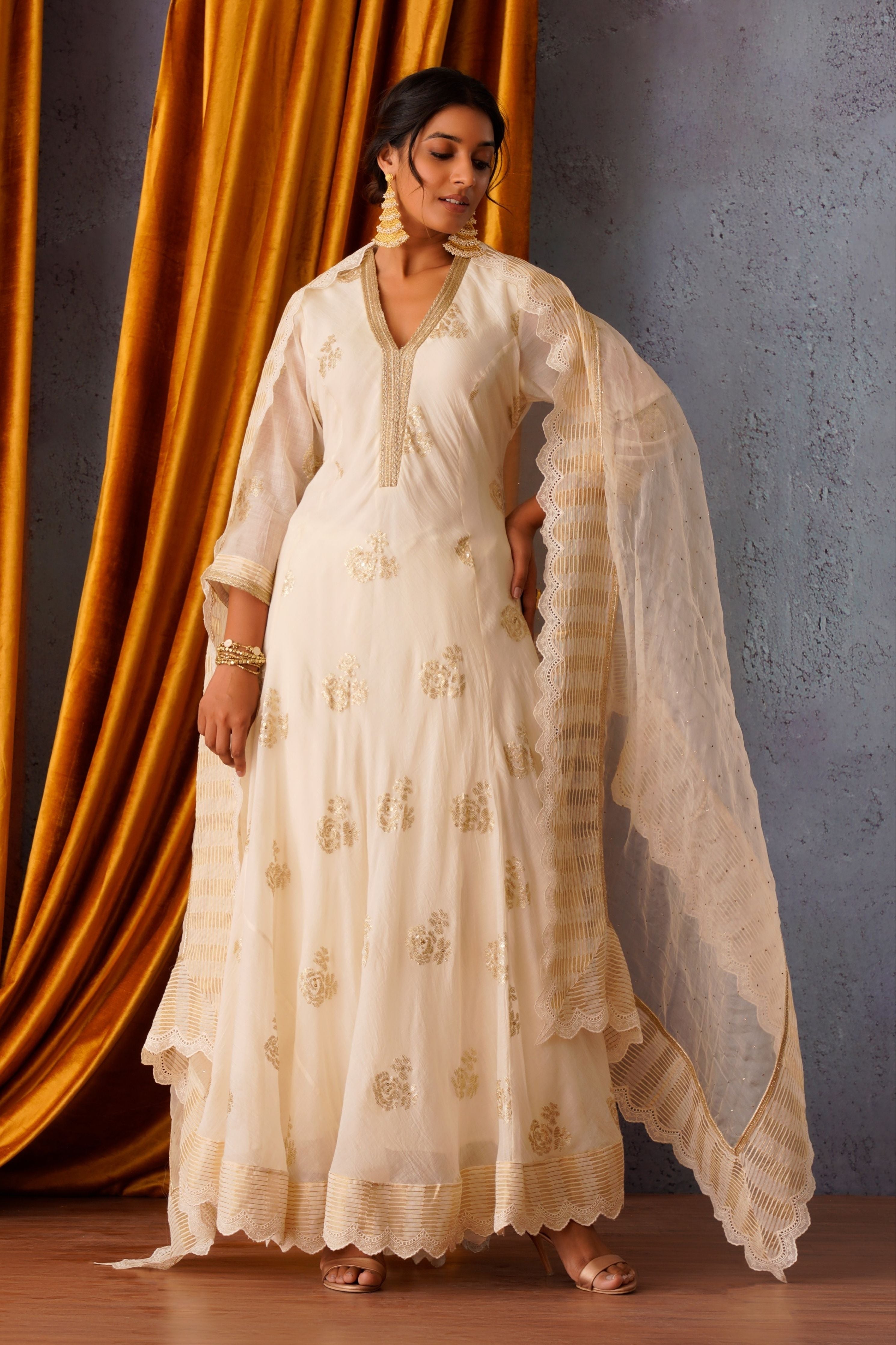 Off White Sequin Embroidered Flared Panelled Kurta