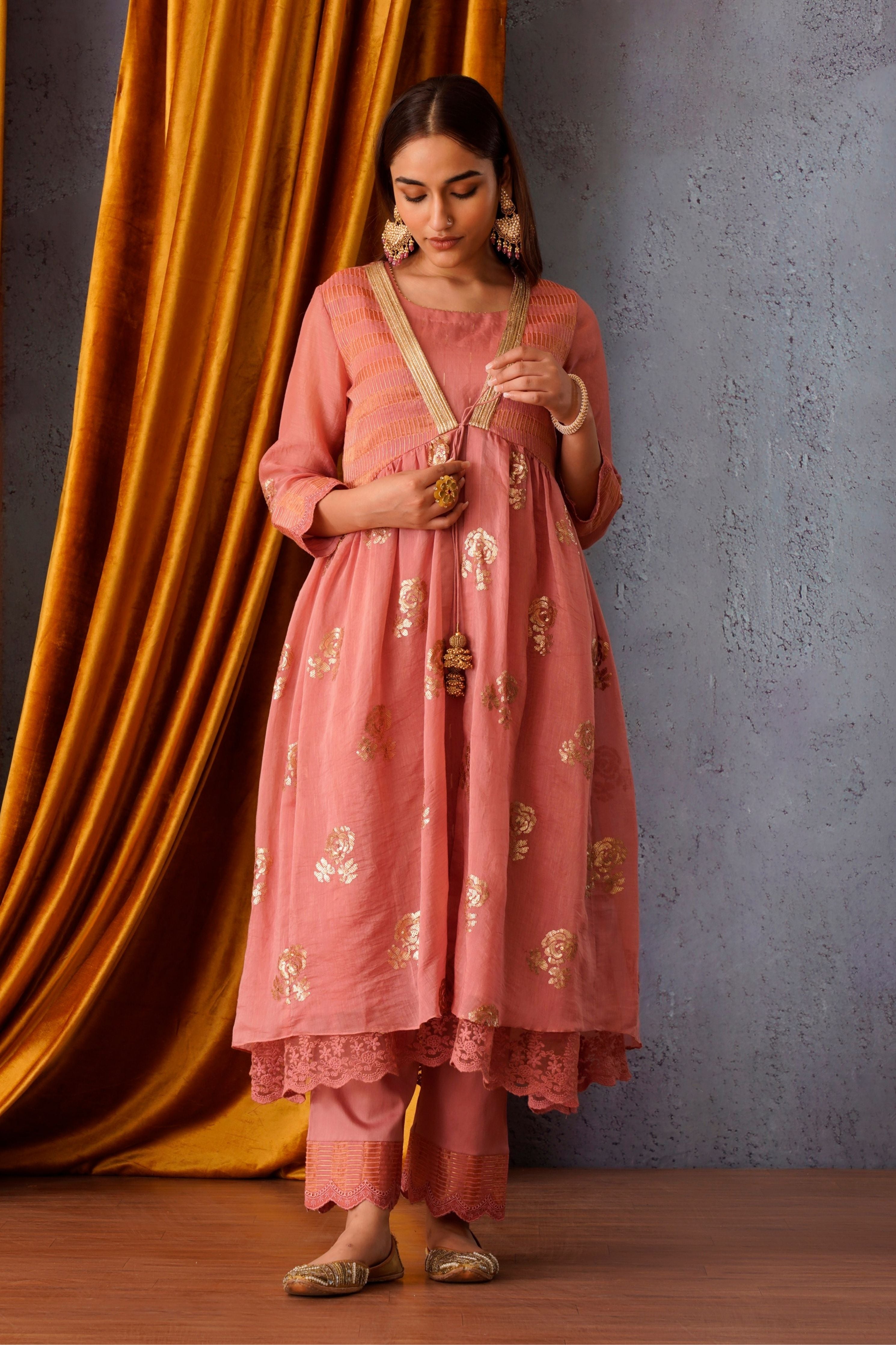 Pink Sequin Embroidered Jacket Set
