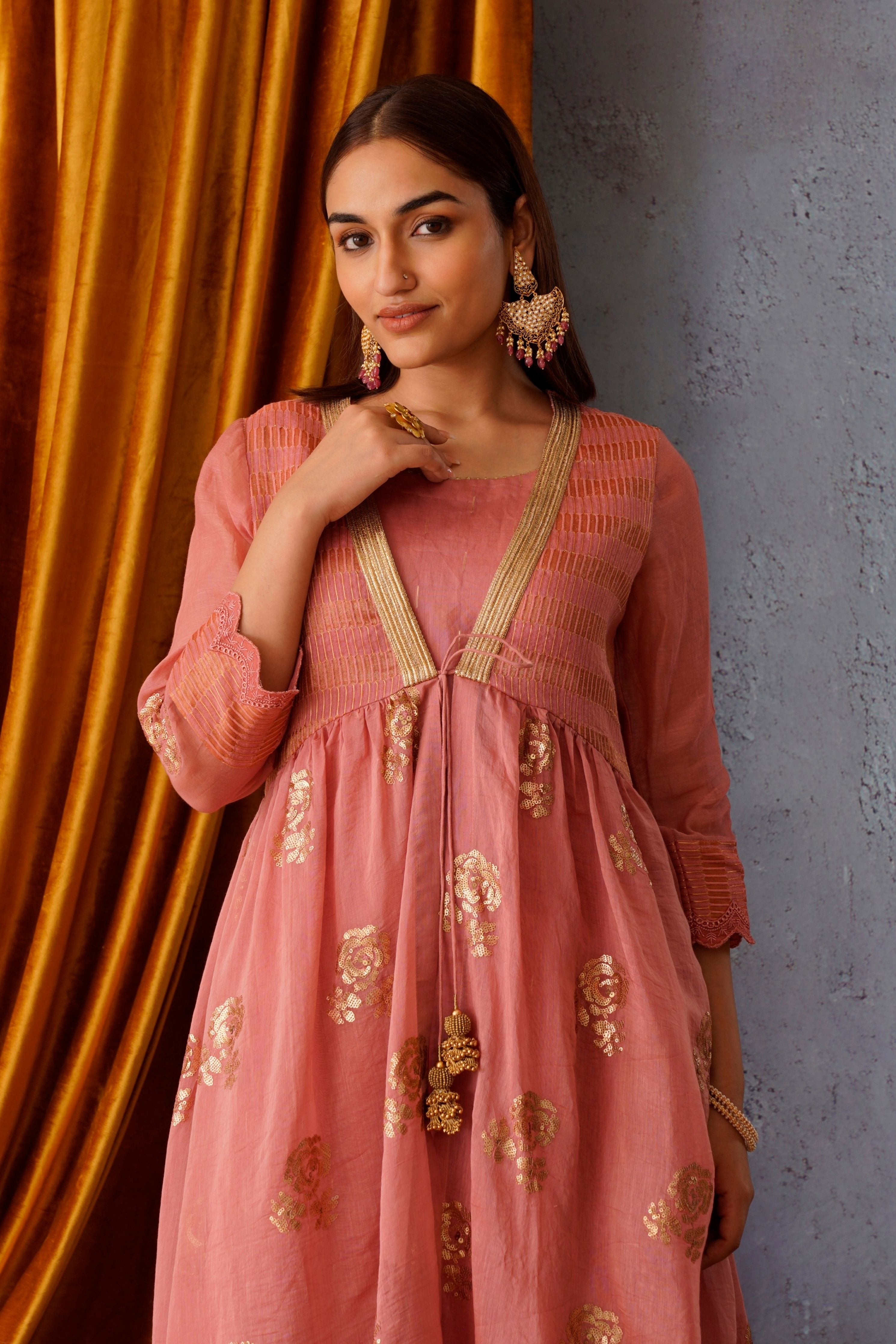Pink Sequin Embroidered Jacket Set