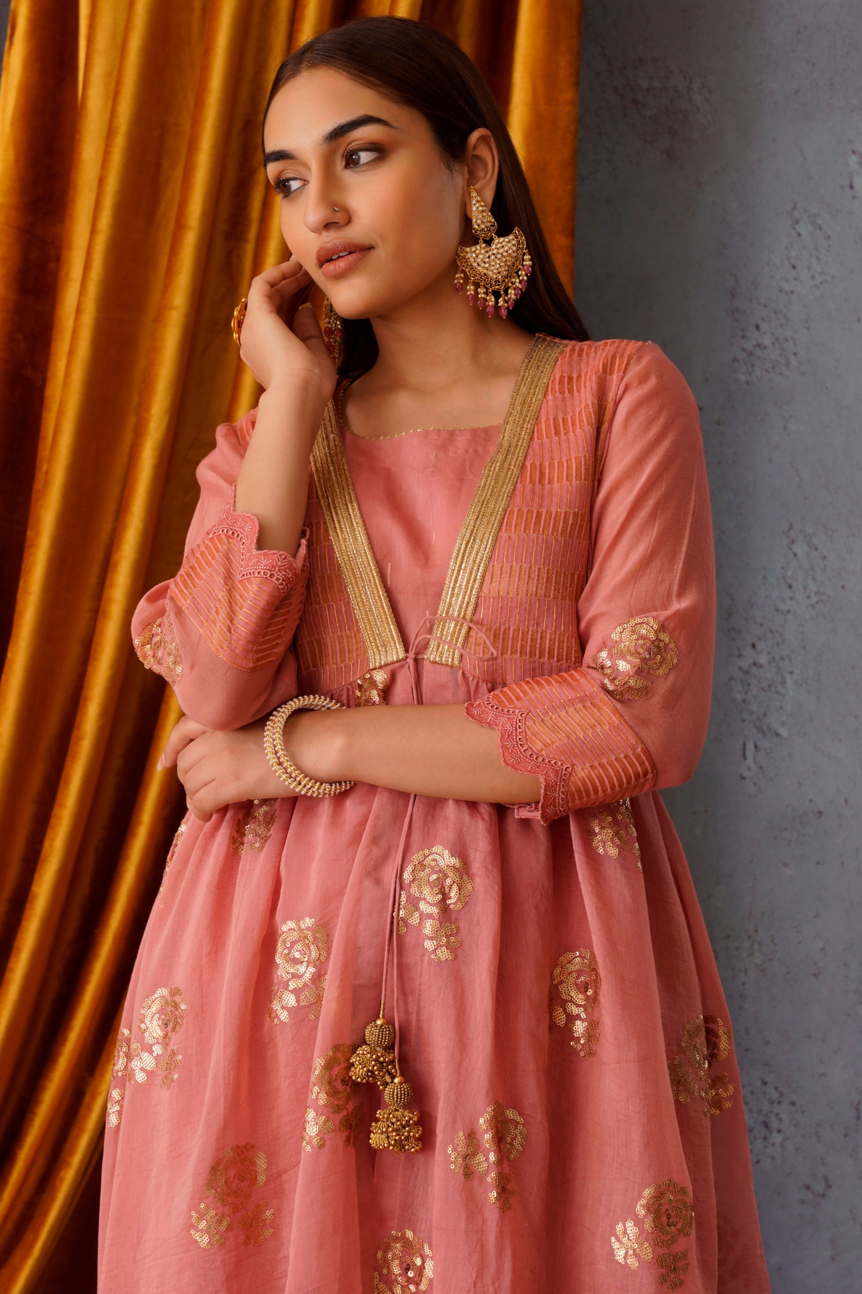 Pink Sequin Embroidered Jacket Set