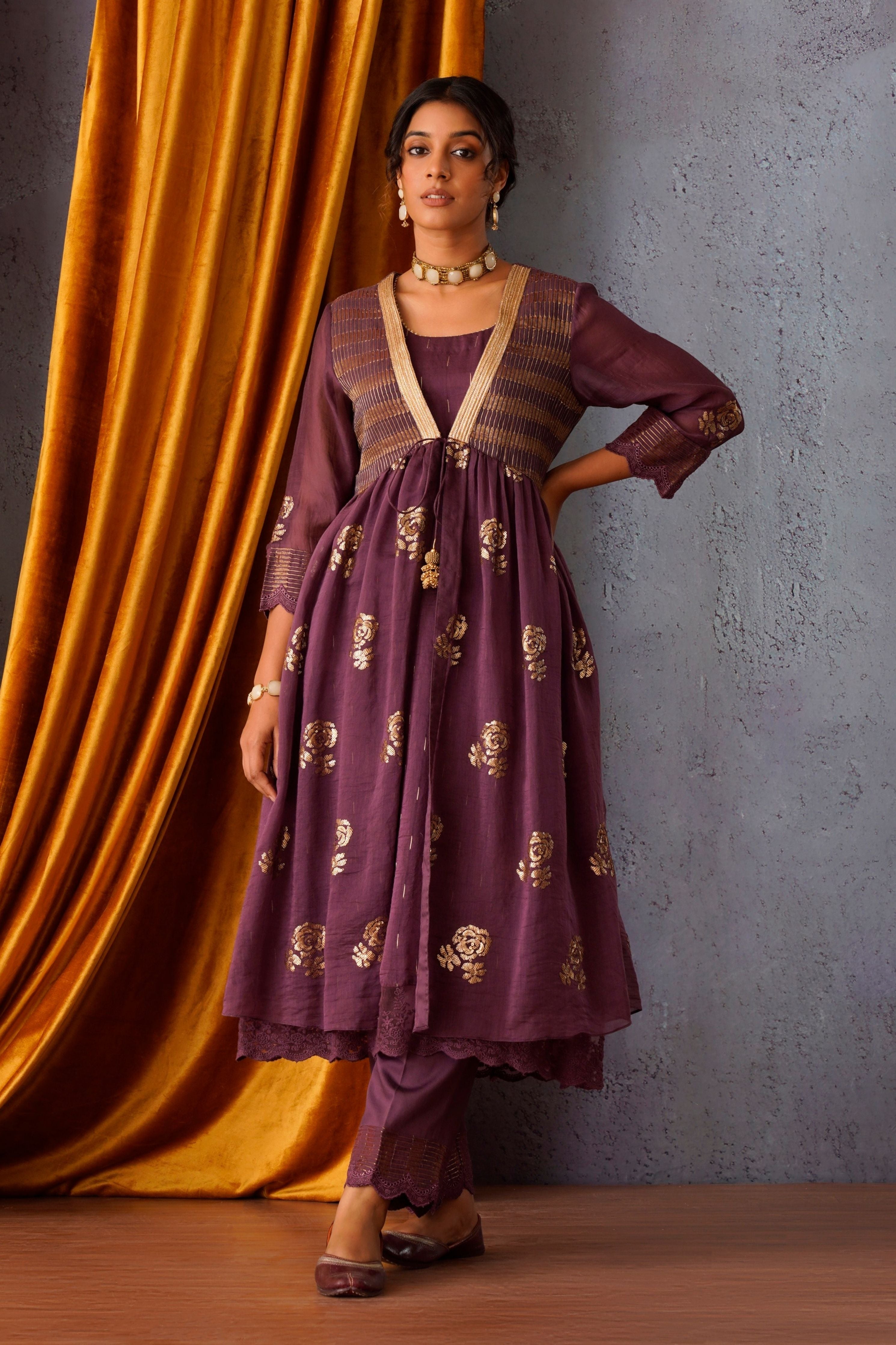 Wine Sequin Embroidered Jacket Set