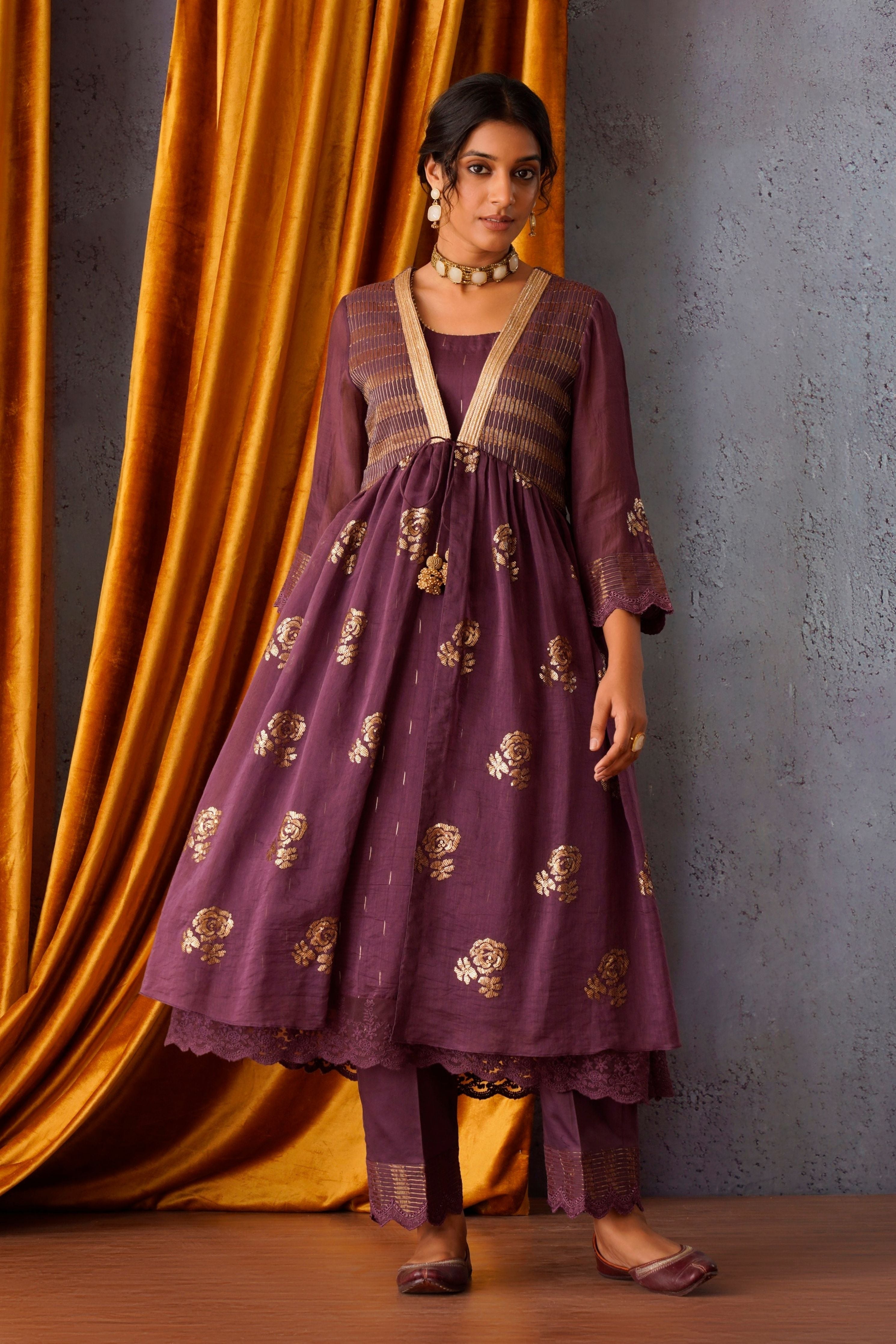 Wine Sequin Embroidered Jacket Set