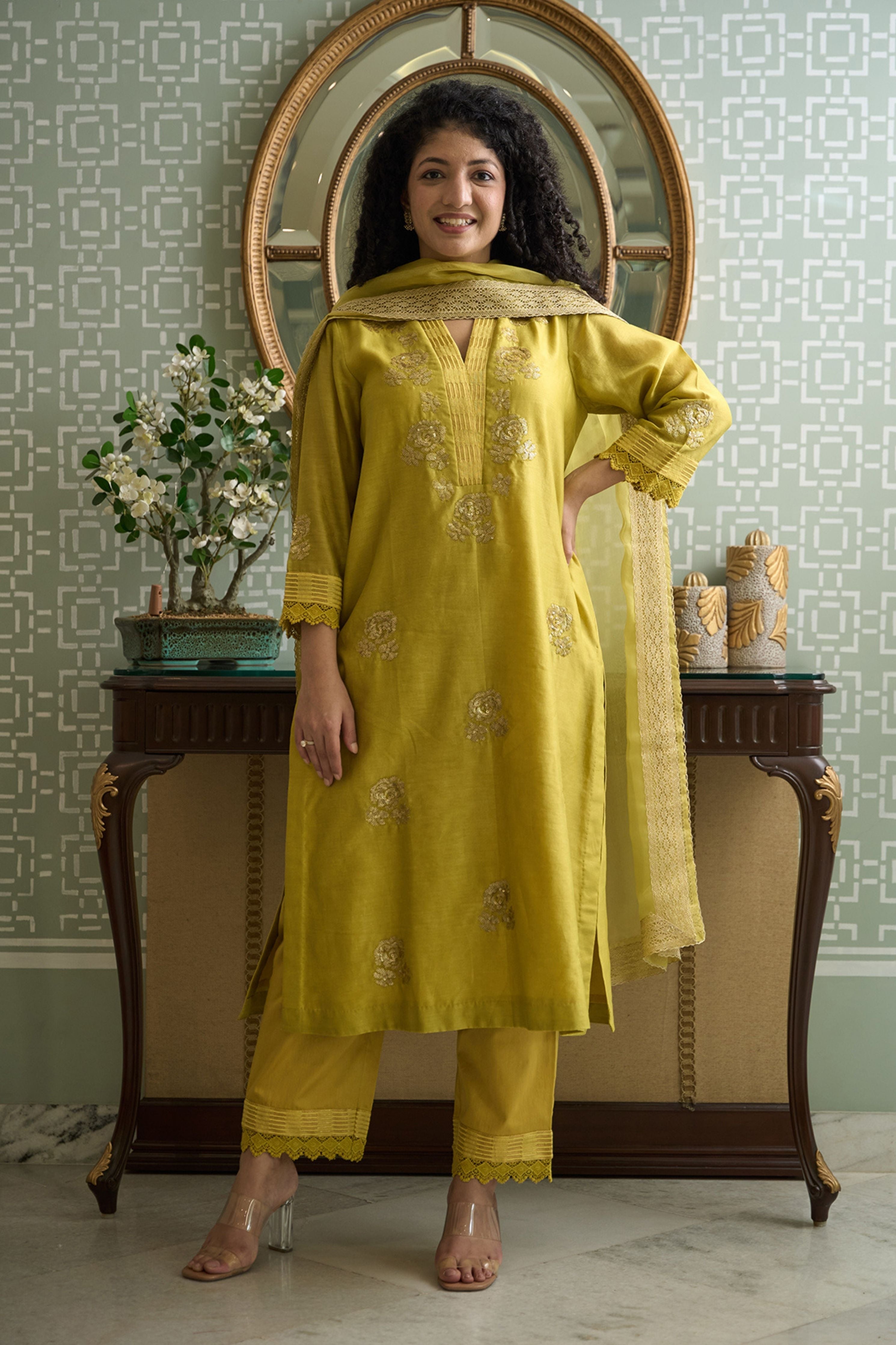 Lime Green V Neck Kurta Set