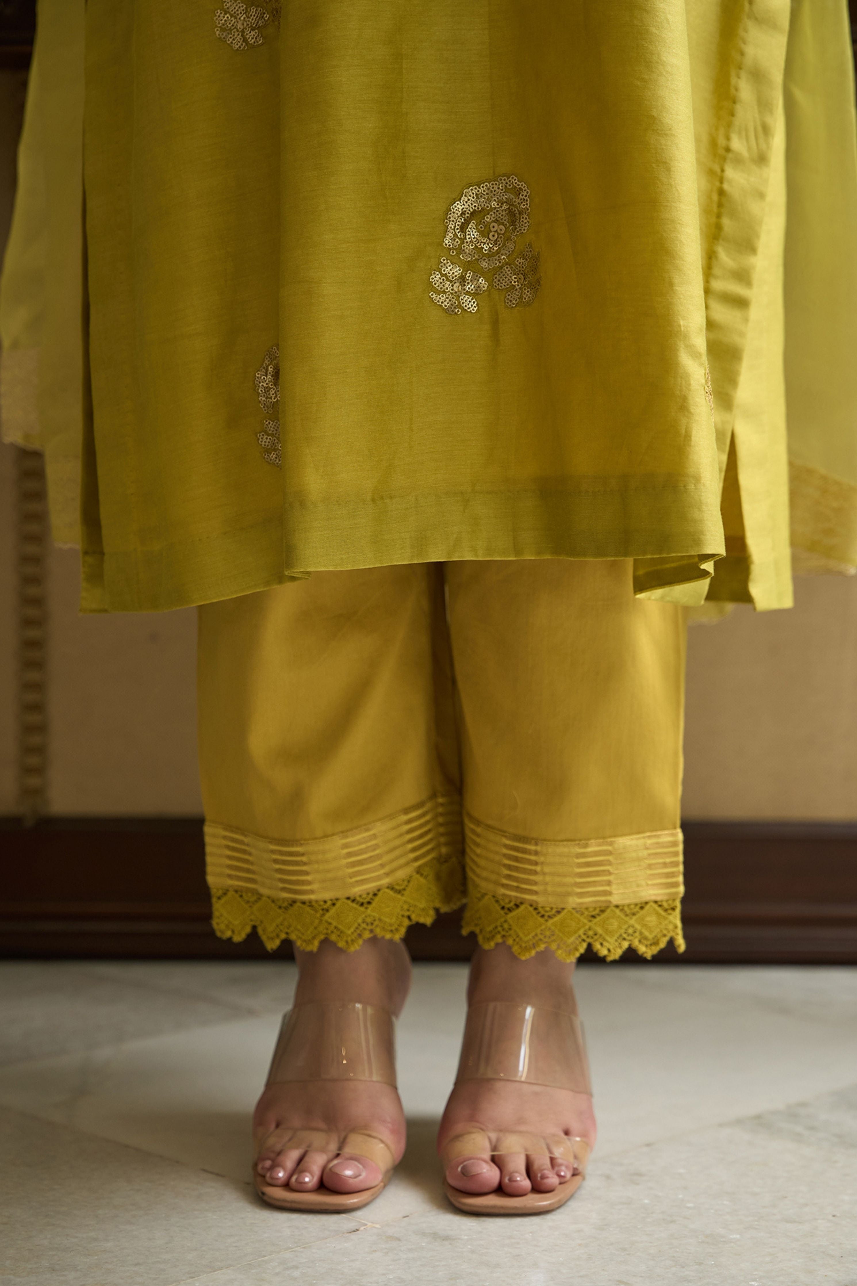 Lime Green V Neck Kurta Set