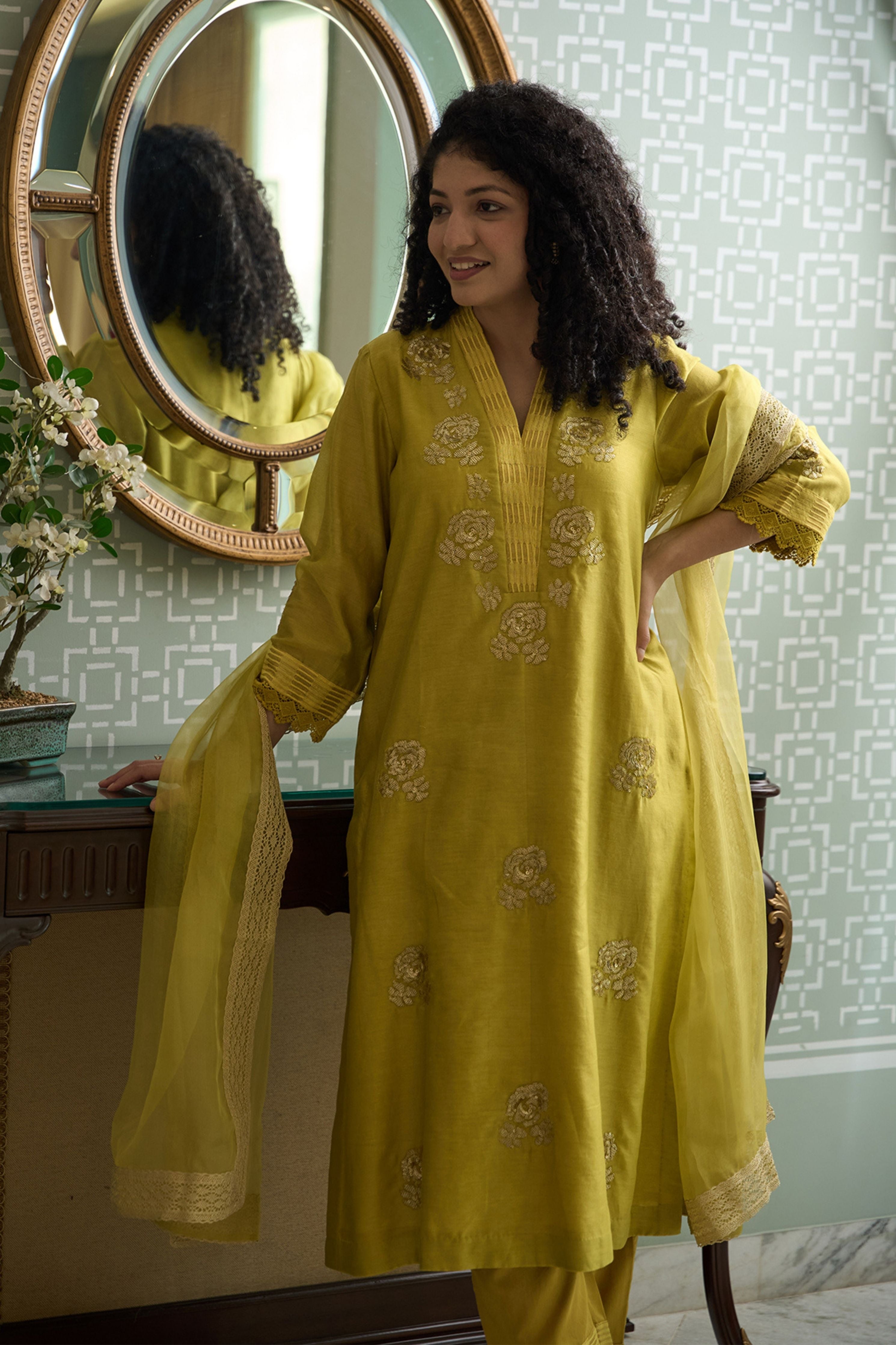 Lime Green V Neck Kurta Set