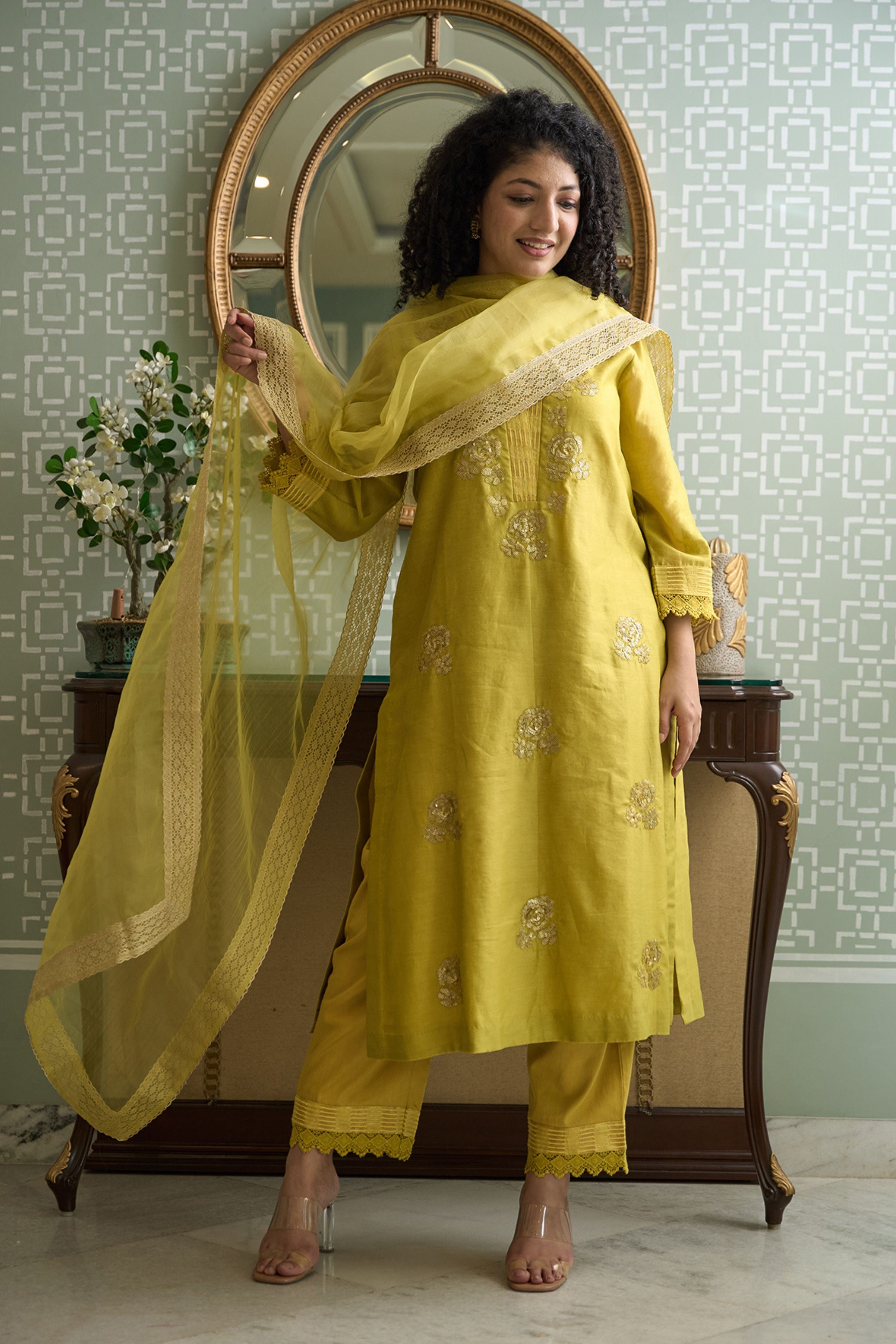 Lime Green V Neck Kurta Set