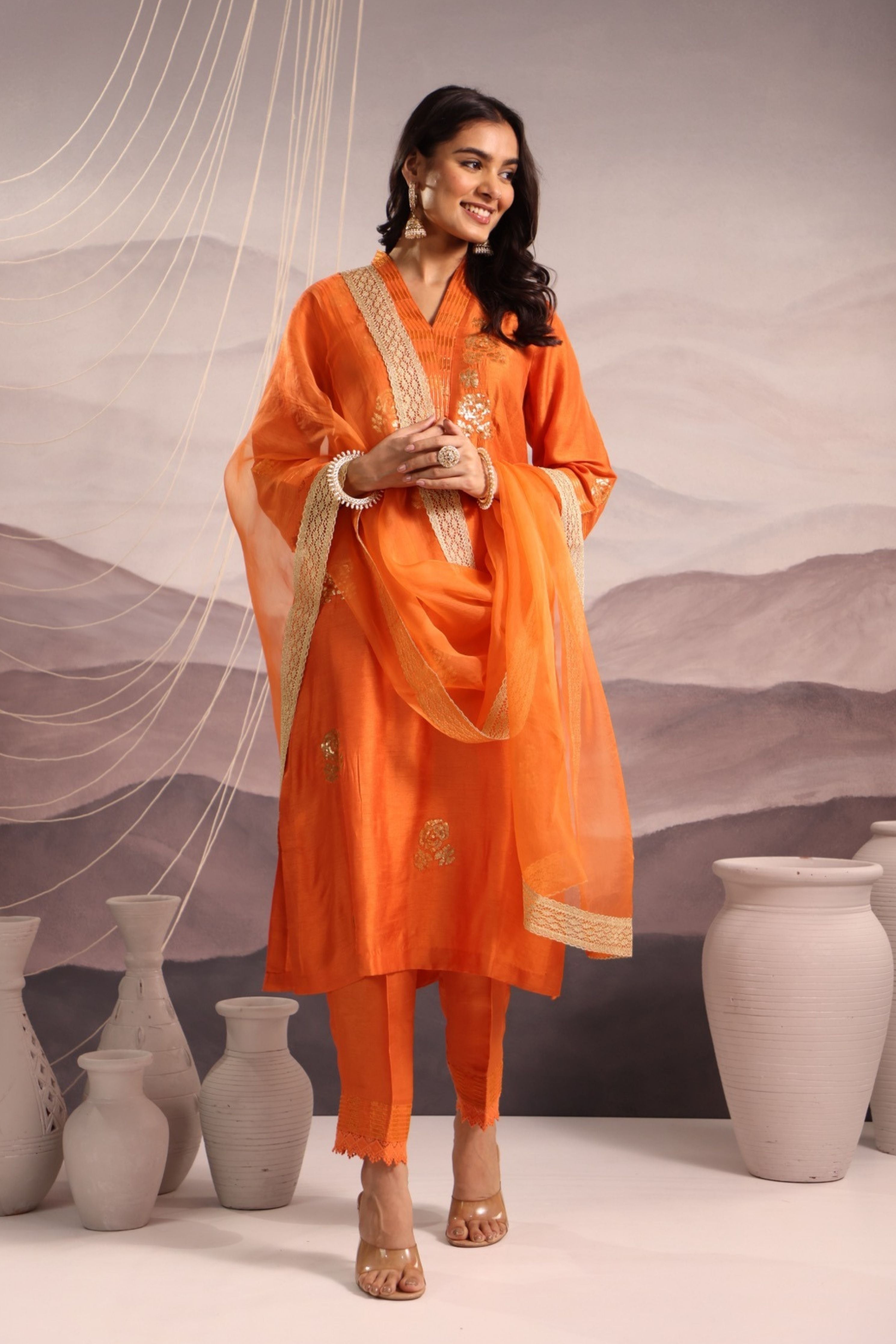 Orange Silk Kurta Set