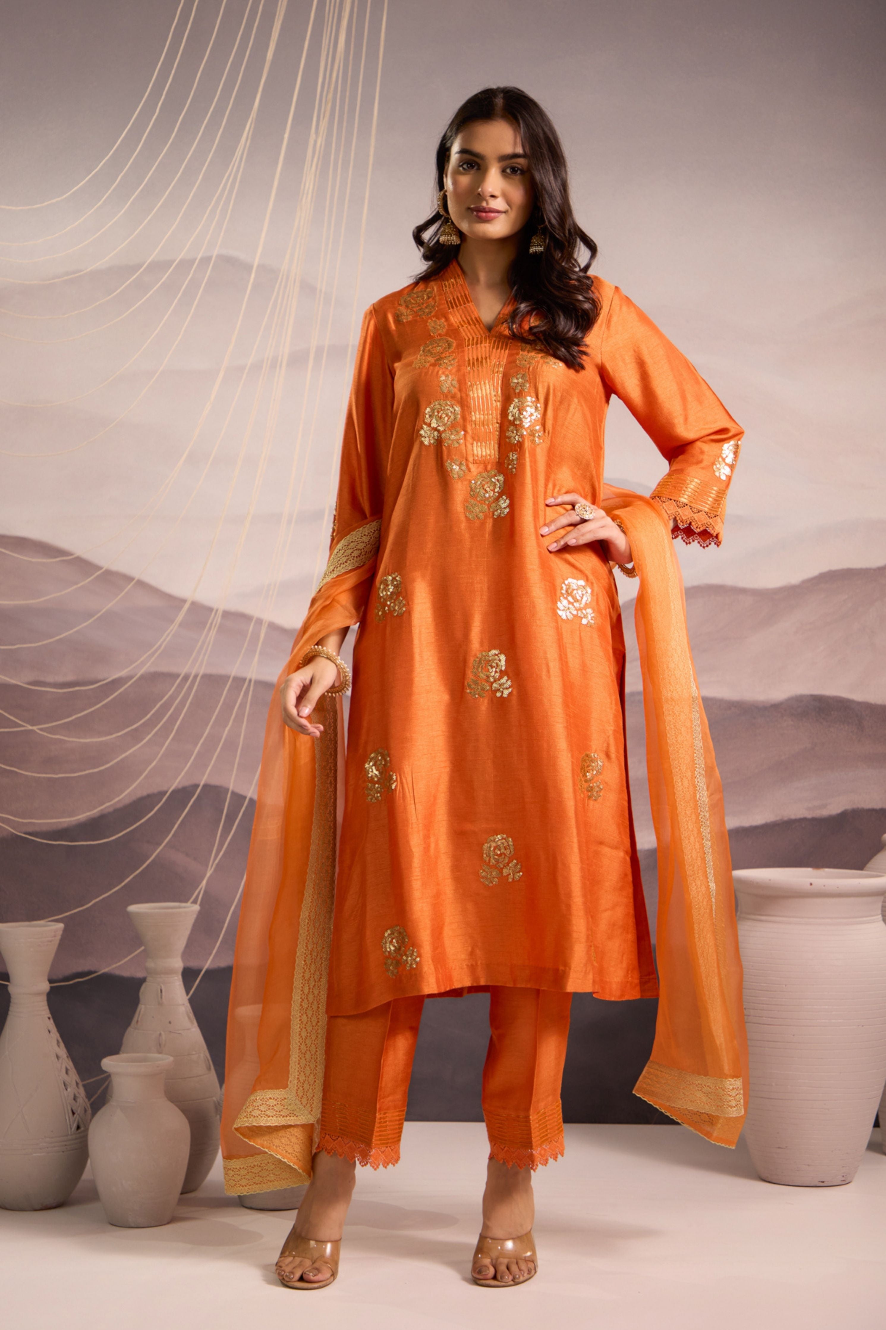 Orange Silk Kurta Set