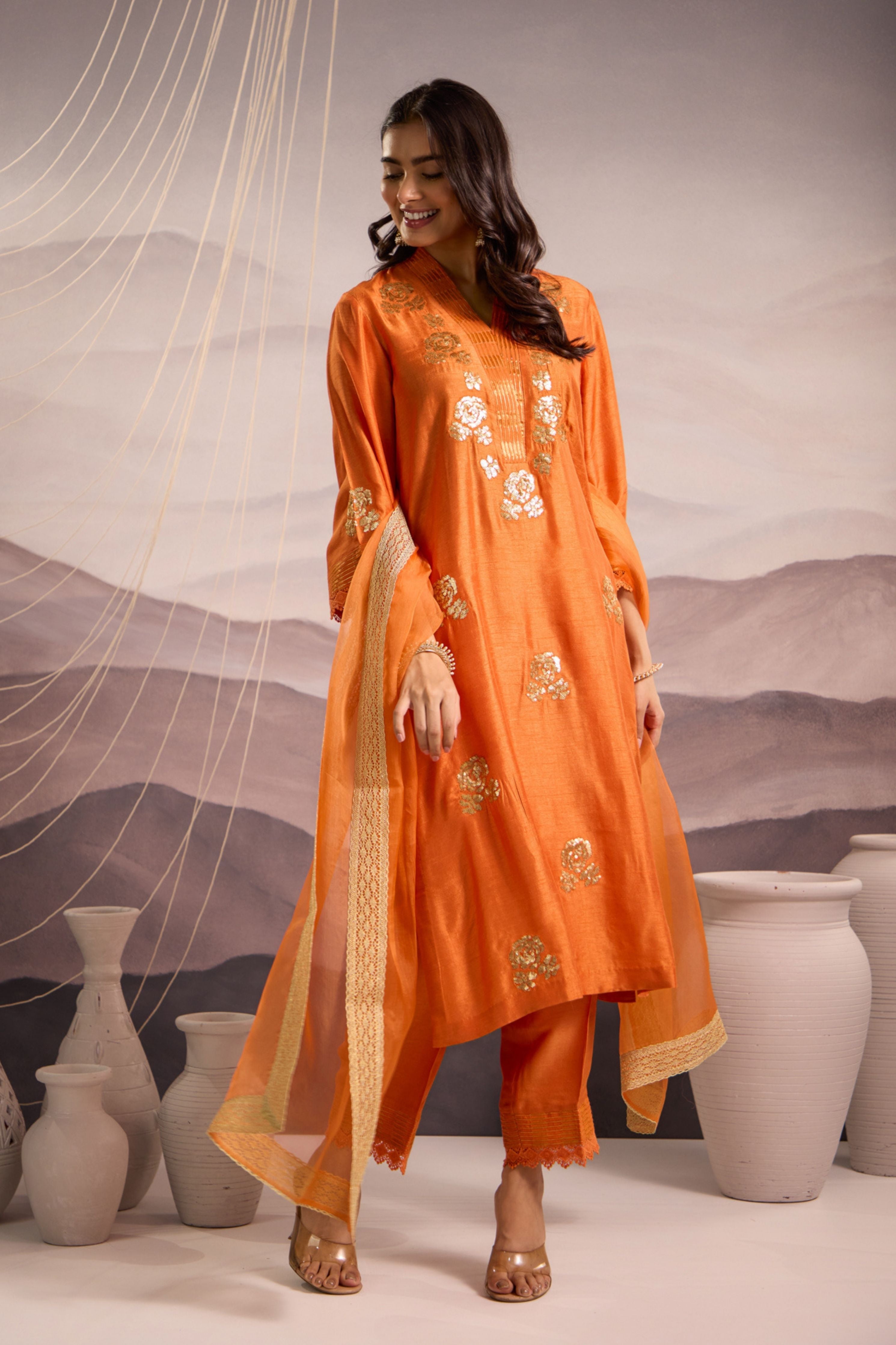 Orange Silk Kurta Set