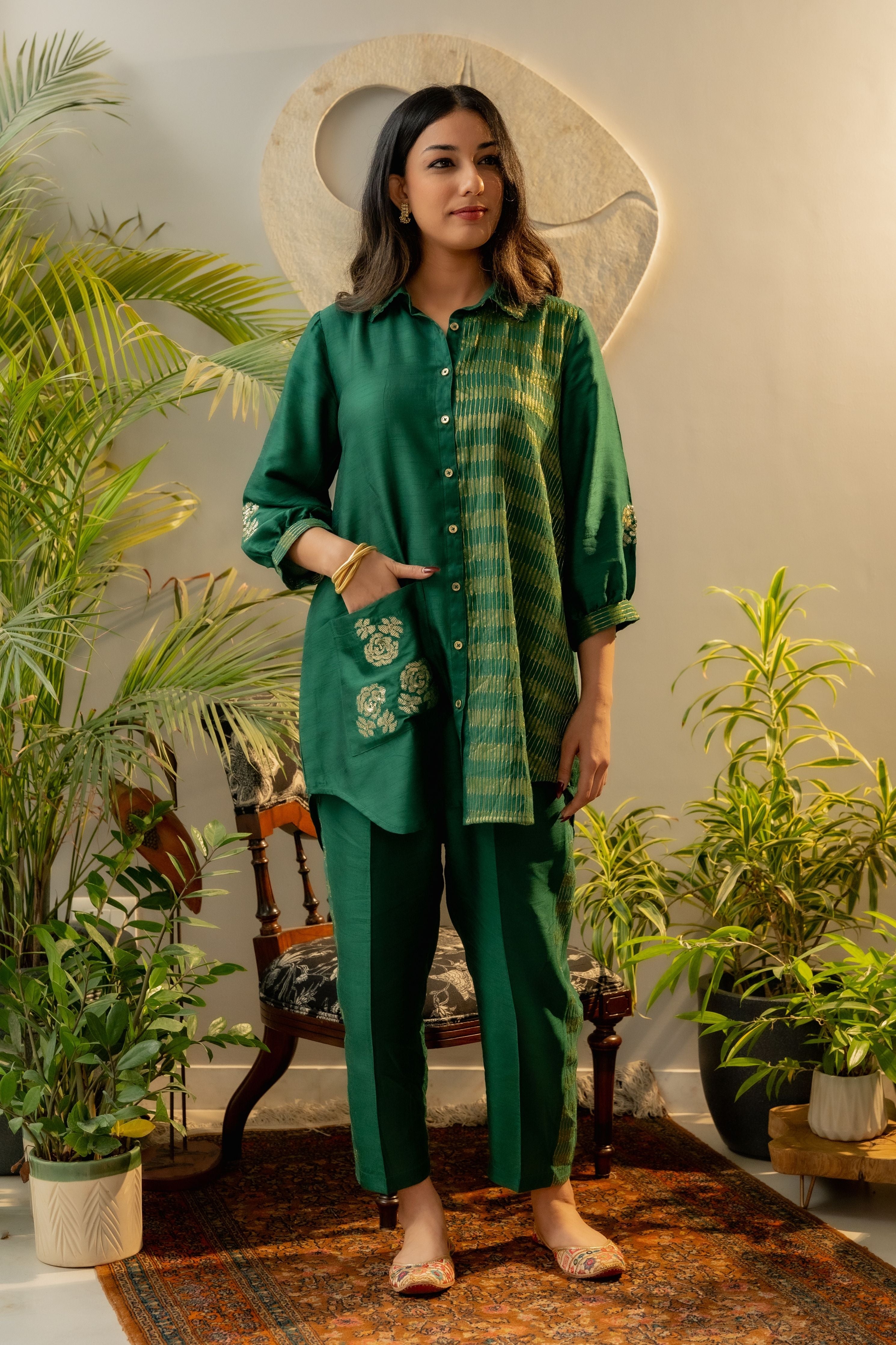 Emerald Green Silk Rounded Co-Ord Set
