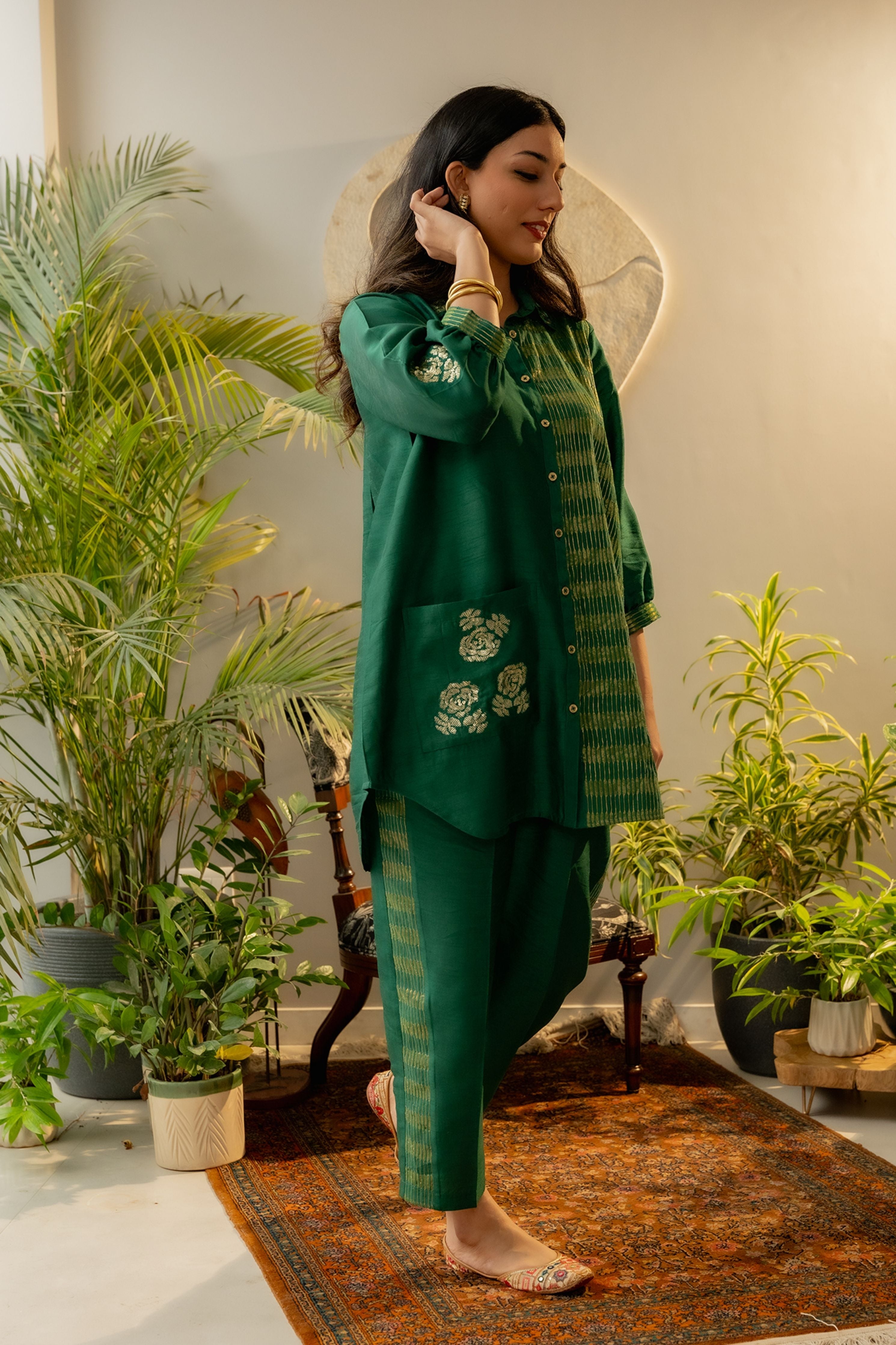 Emerald Green Silk Rounded Co-Ord Set