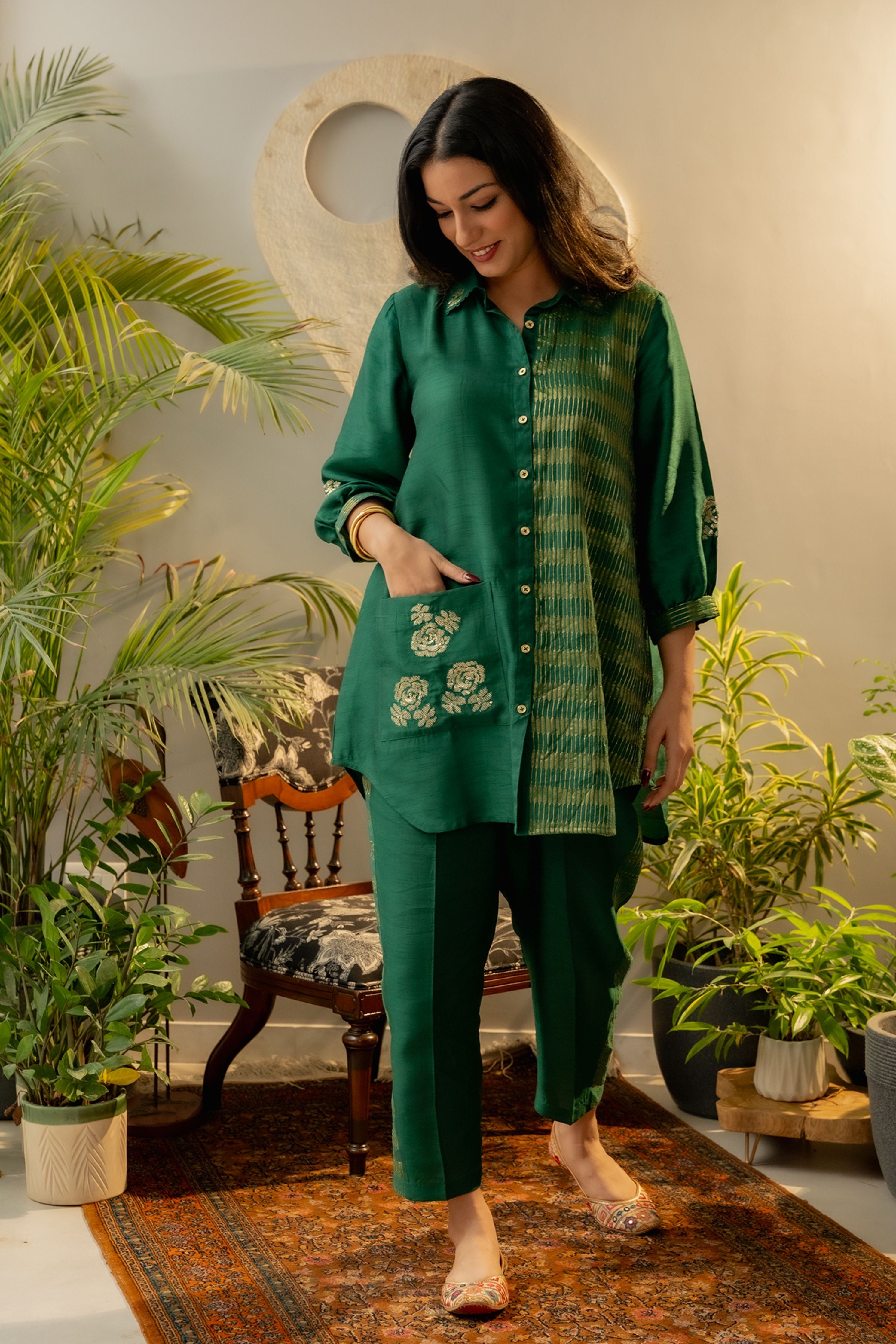 Emerald Green Silk Rounded Co-Ord Set