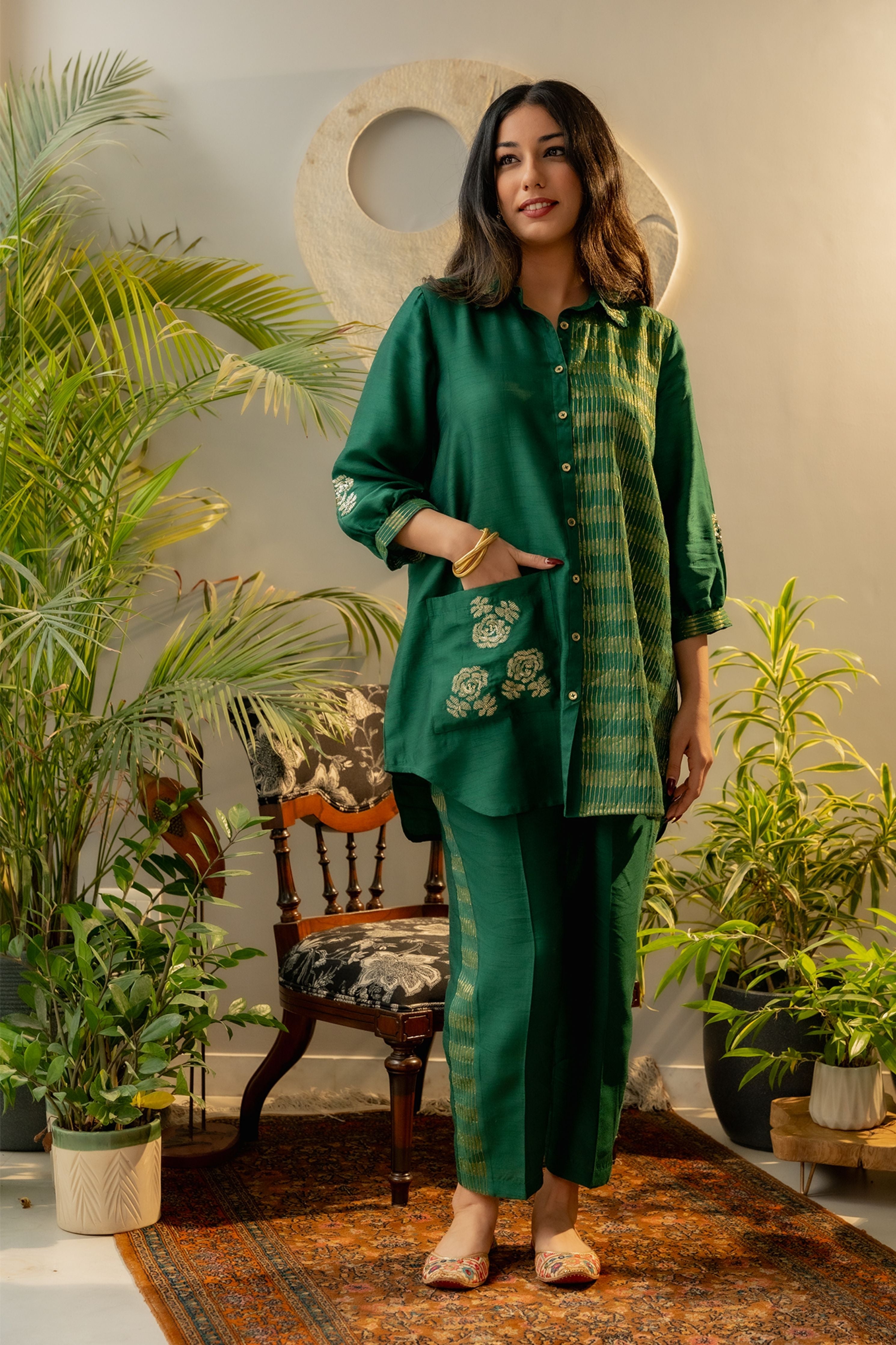 Emerald Green Silk Rounded Co-Ord Set
