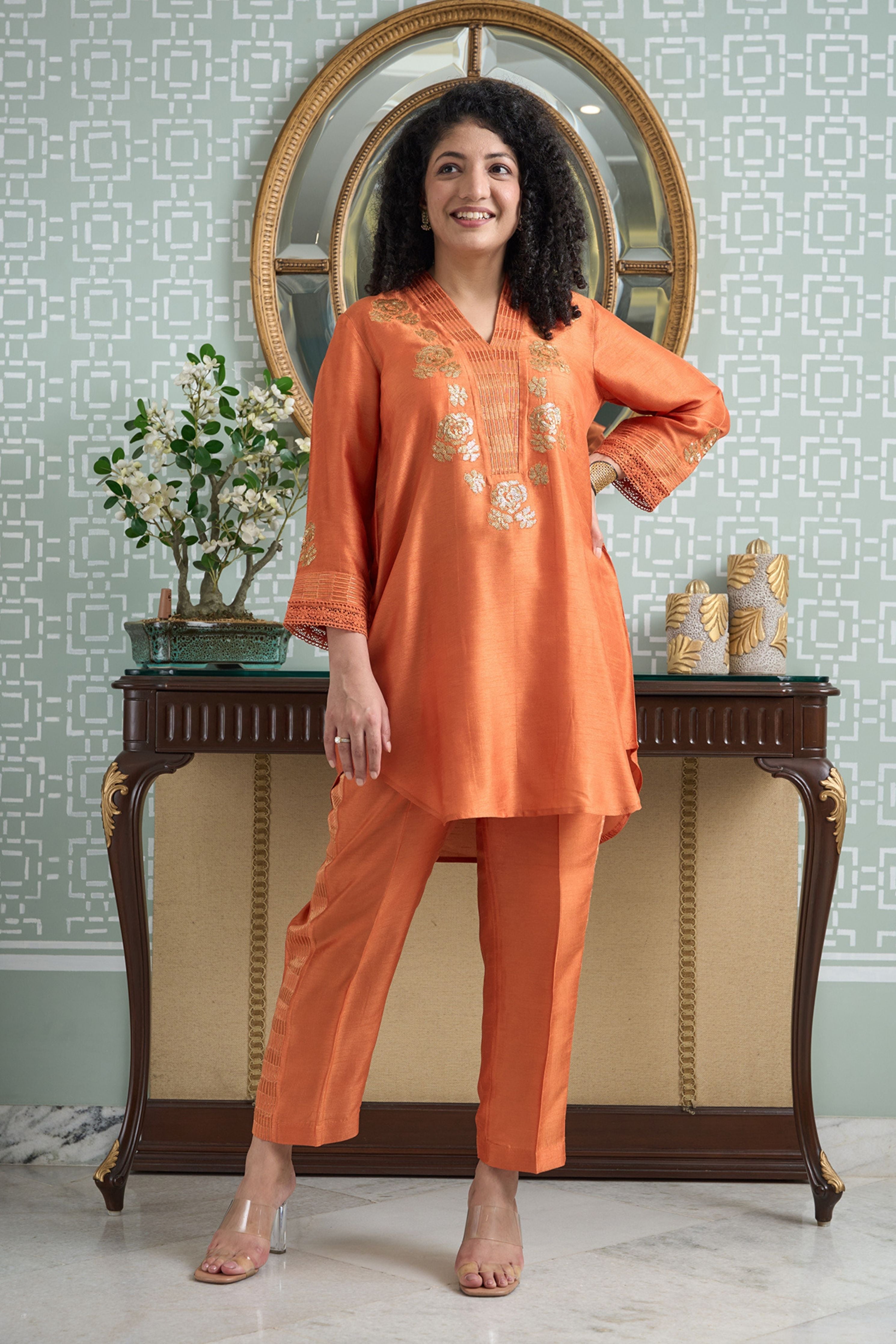 Orange silk rounded Co-Ord Set