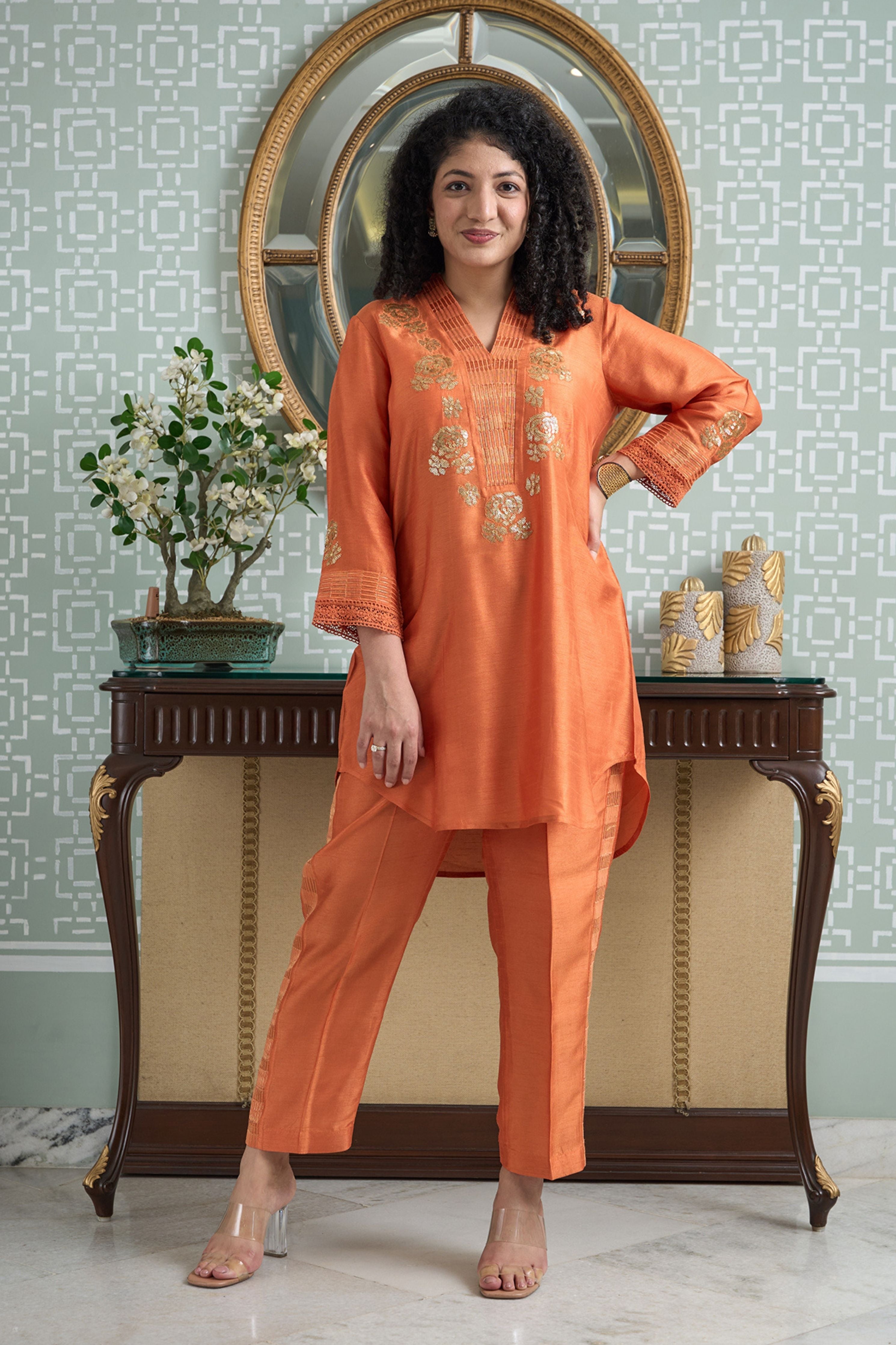 Orange silk rounded Co-Ord Set